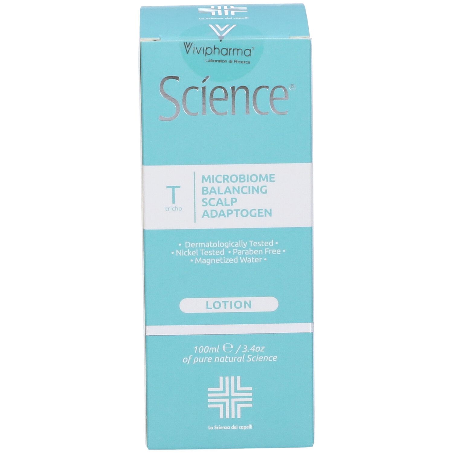 Confezione prodotto azzurra. Nome prodotto e logo. Testo: Dermatologicamente testato.