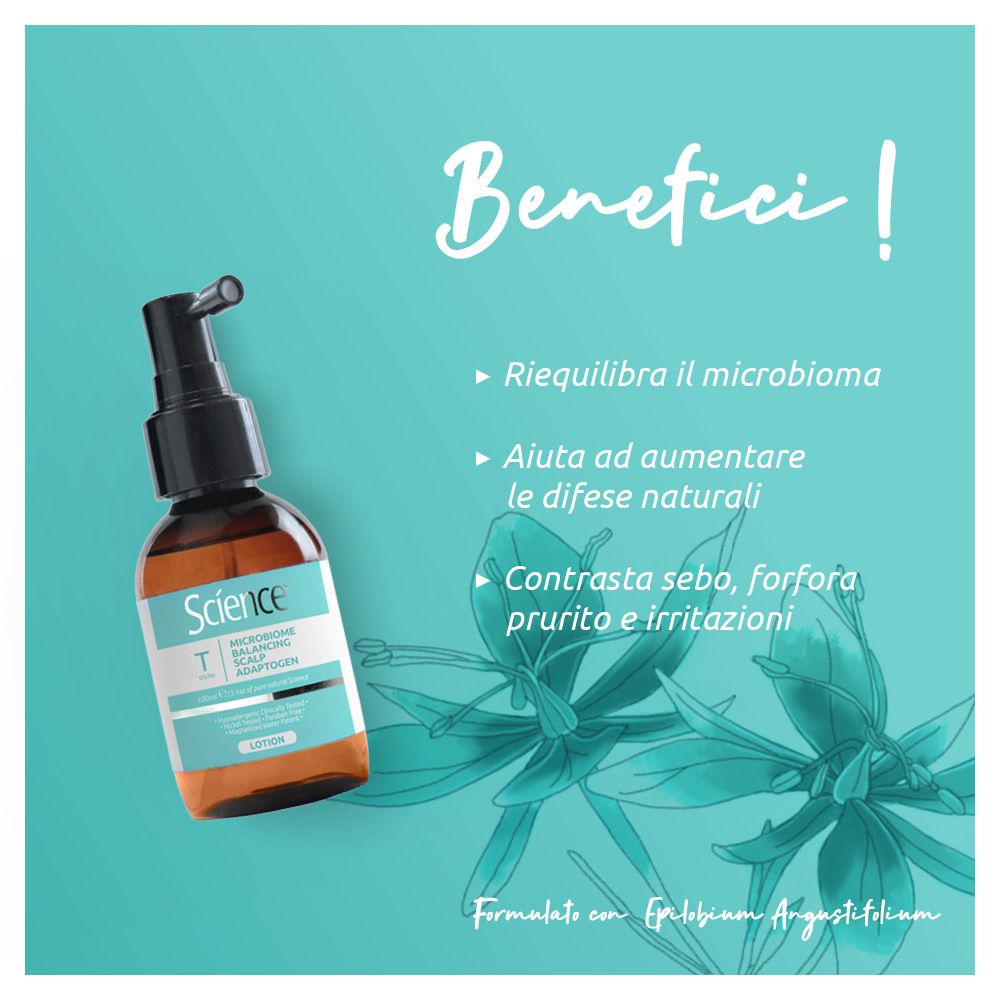 Flacone prodotto su sfondo turchese. Testo: Benefici, ingredienti.