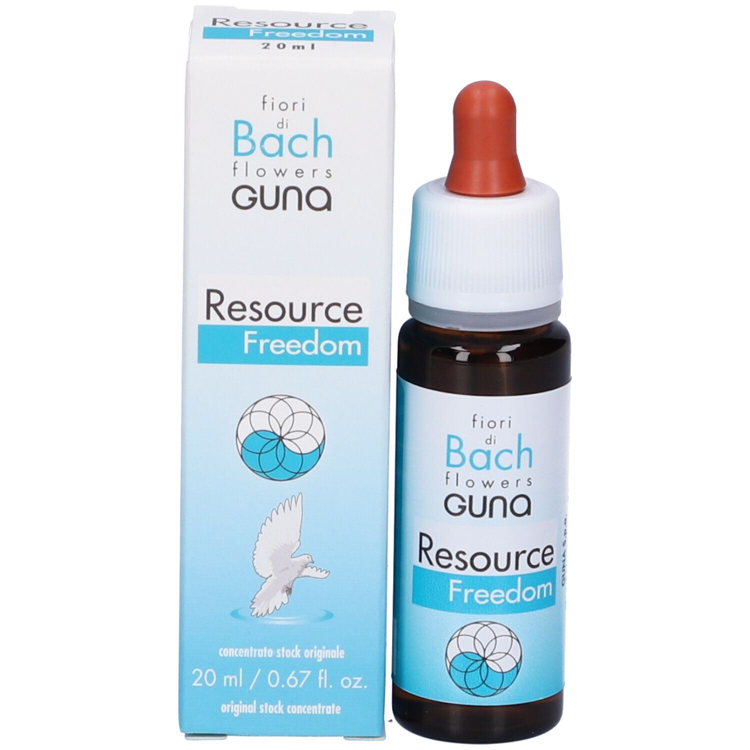 Flacone di vetro marrone con tappo bianco e pipetta rossa accanto alla confezione. Scritta: fiori di Bach flowers GUNA, Resource Freedom, 20 ml.