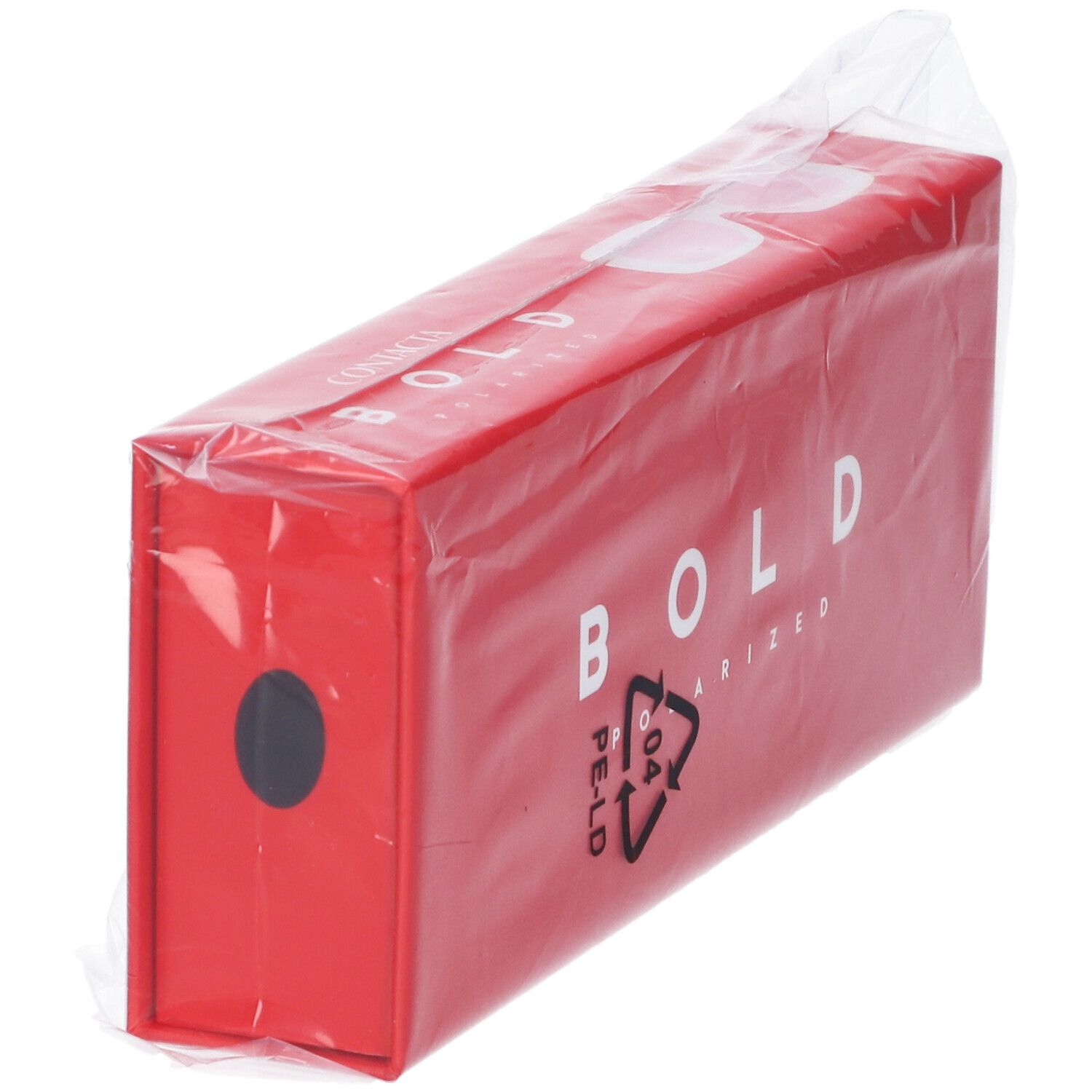 Confezione rettangolare rossa in plastica. Scritta BOLD POLARIZED. Simbolo PE-LD. Cerchio nero.