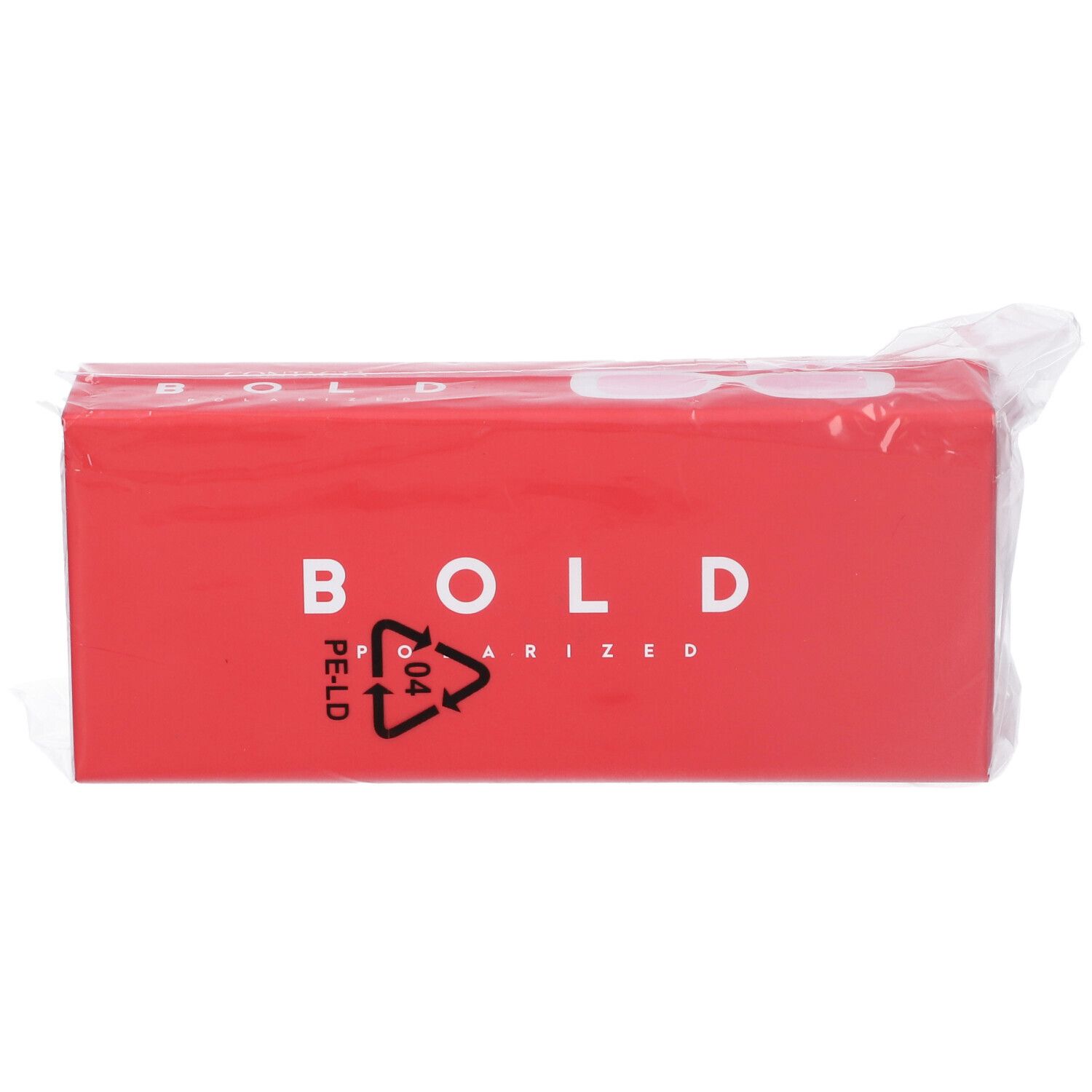 Confezione rettangolare rossa in plastica. Scritta BOLD POLARIZED. Simbolo PE-LD.