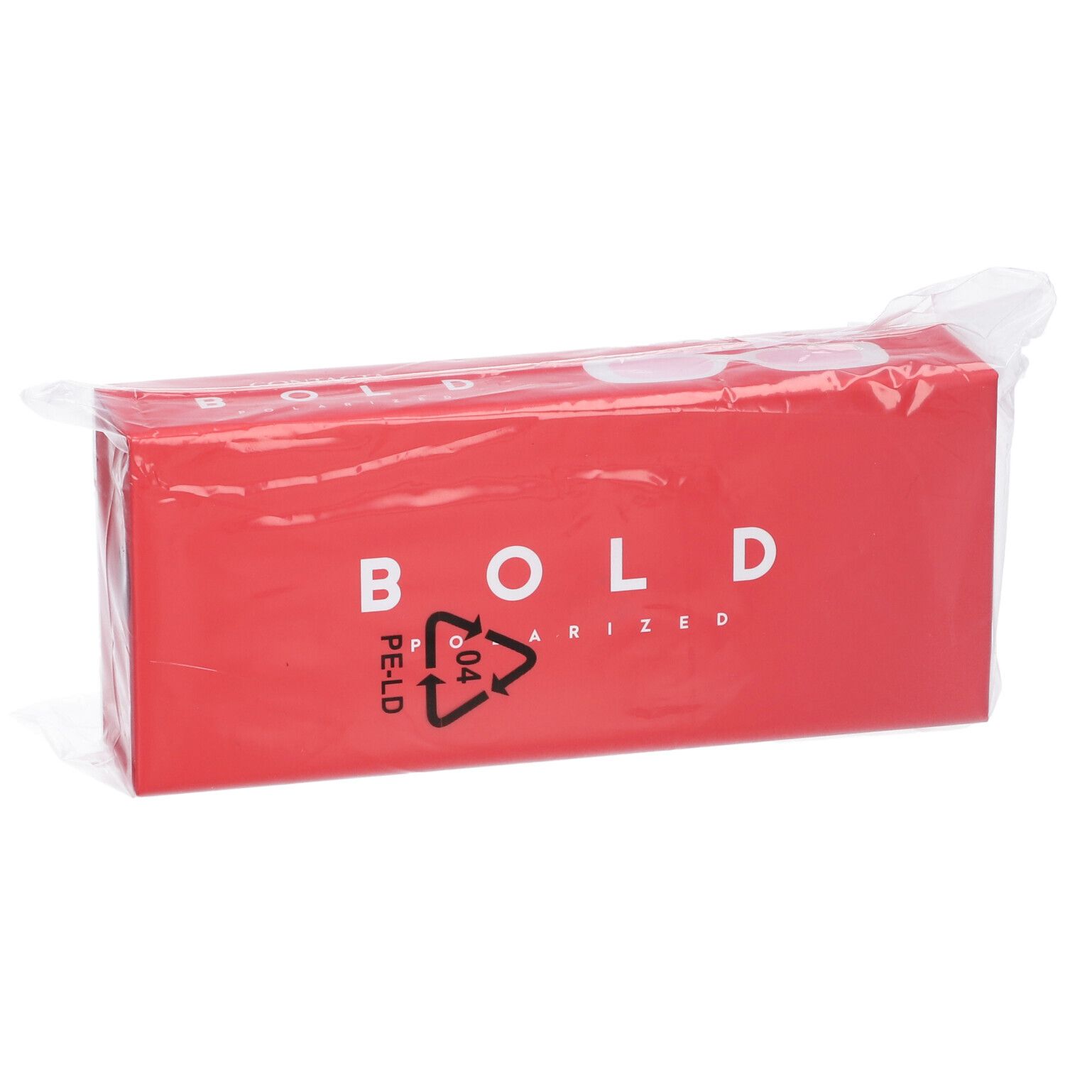 Confezione rettangolare rossa in plastica. Scritta BOLD POLARIZED. Simbolo PE-LD.