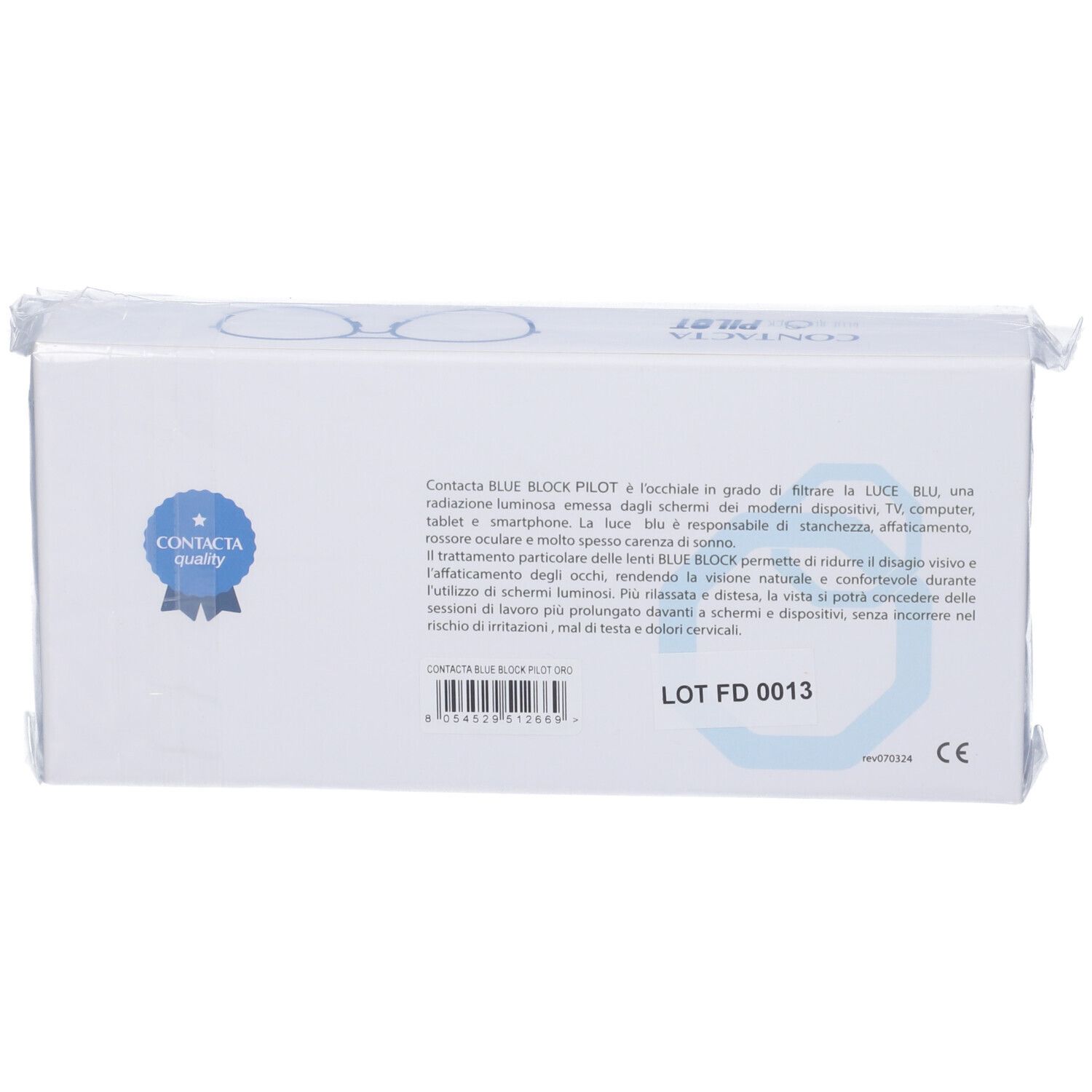 Confezione rettangolare bianca con testo e logo. Sigillo di qualità Contacta. Testo: Contacta Blue Block Pilot. Numero di lotto.