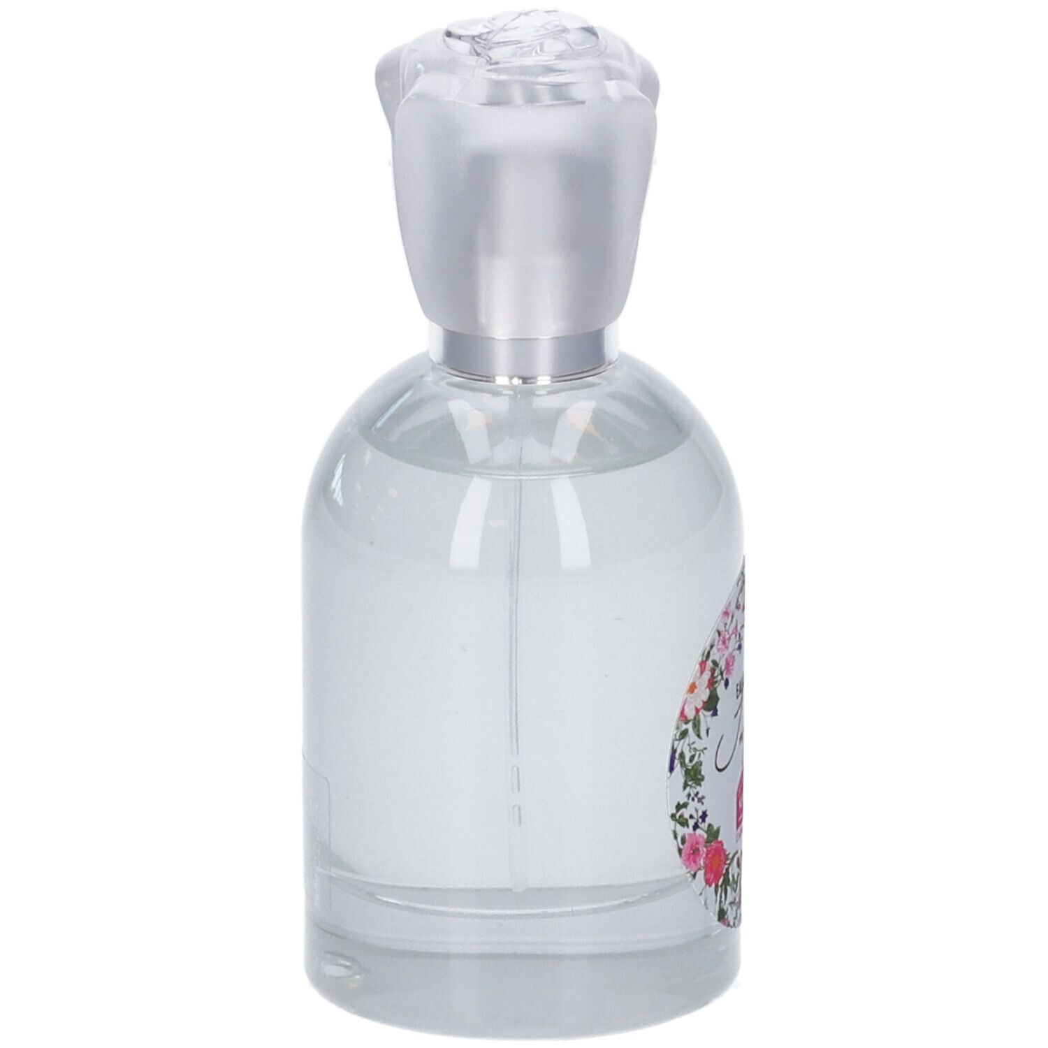 Flacone di profumo con decorazioni floreali e scritta rosa. Il tappo è a forma di rosa. Scritta: Eau de Parfum Infinita.