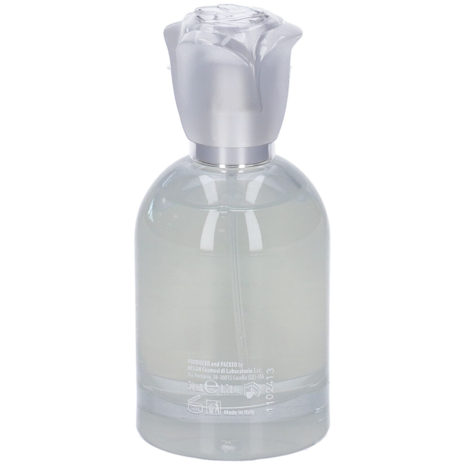 Flacone di profumo con decorazioni floreali e scritta rosa. Il tappo è a forma di rosa. Scritta: Eau de Parfum Infinita.