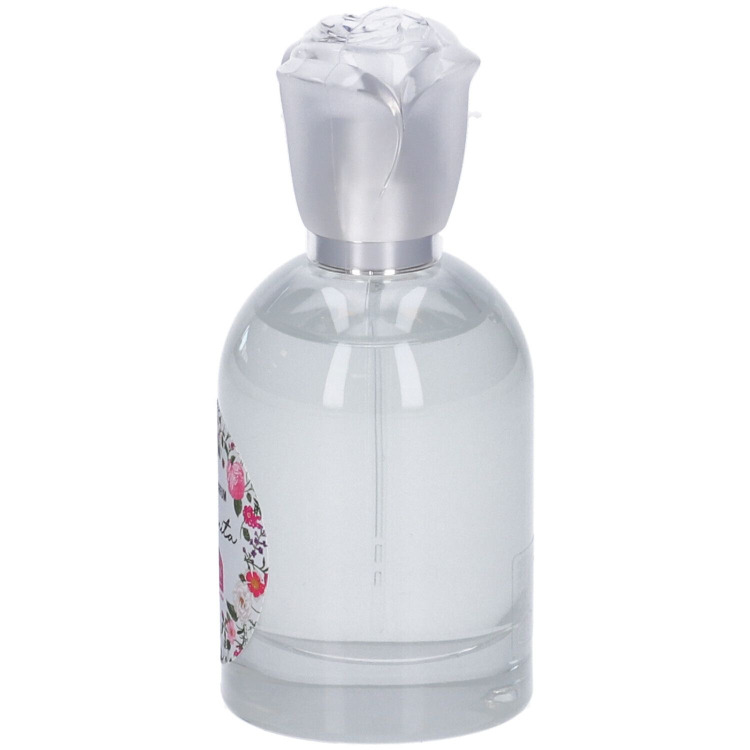 Flacone di profumo con decorazioni floreali e scritta rosa. Il tappo è a forma di rosa. Scritta: Eau de Parfum Infinita.