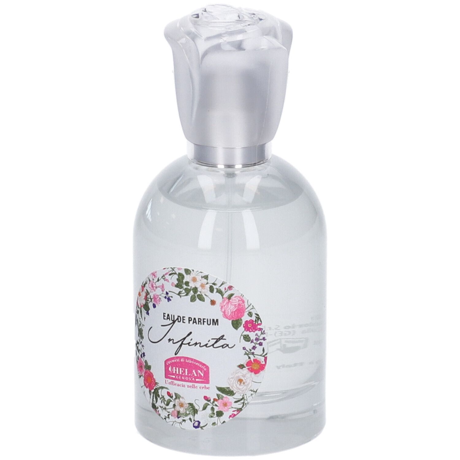 Flacone di profumo con decorazioni floreali e scritta rosa. Il tappo è a forma di rosa. Scritta: Eau de Parfum Infinita.
