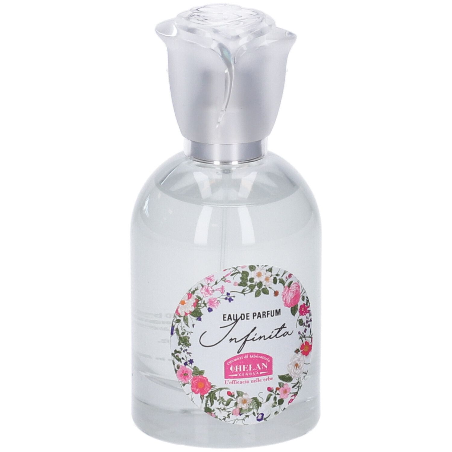 Flacone di profumo con decorazioni floreali e scritta rosa. Il tappo è a forma di rosa. Scritta: Eau de Parfum Infinita.