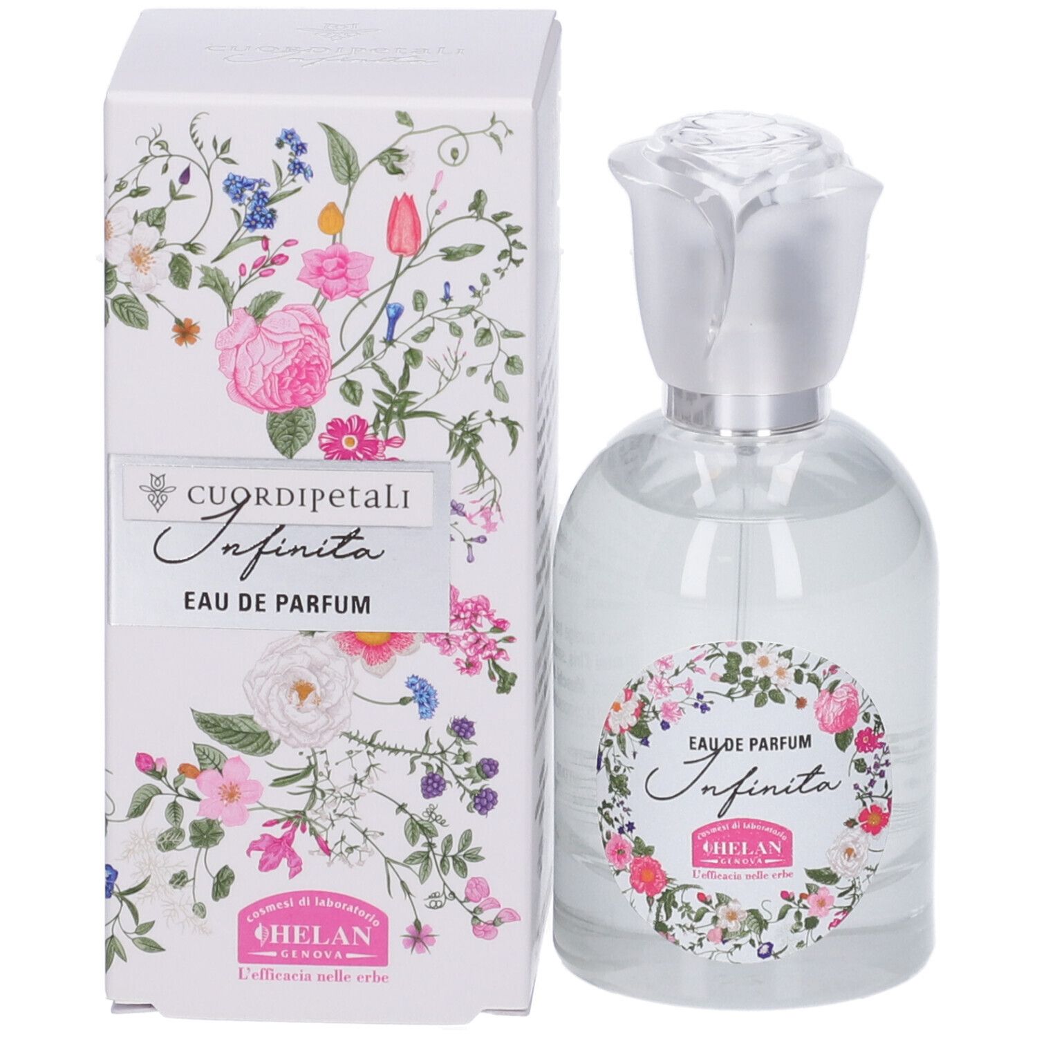 Flacone di profumo e confezione con decorazioni floreali. Scritta: CUOR DI PETALI Infinita Eau de Parfum. Confezione con motivi floreali.
