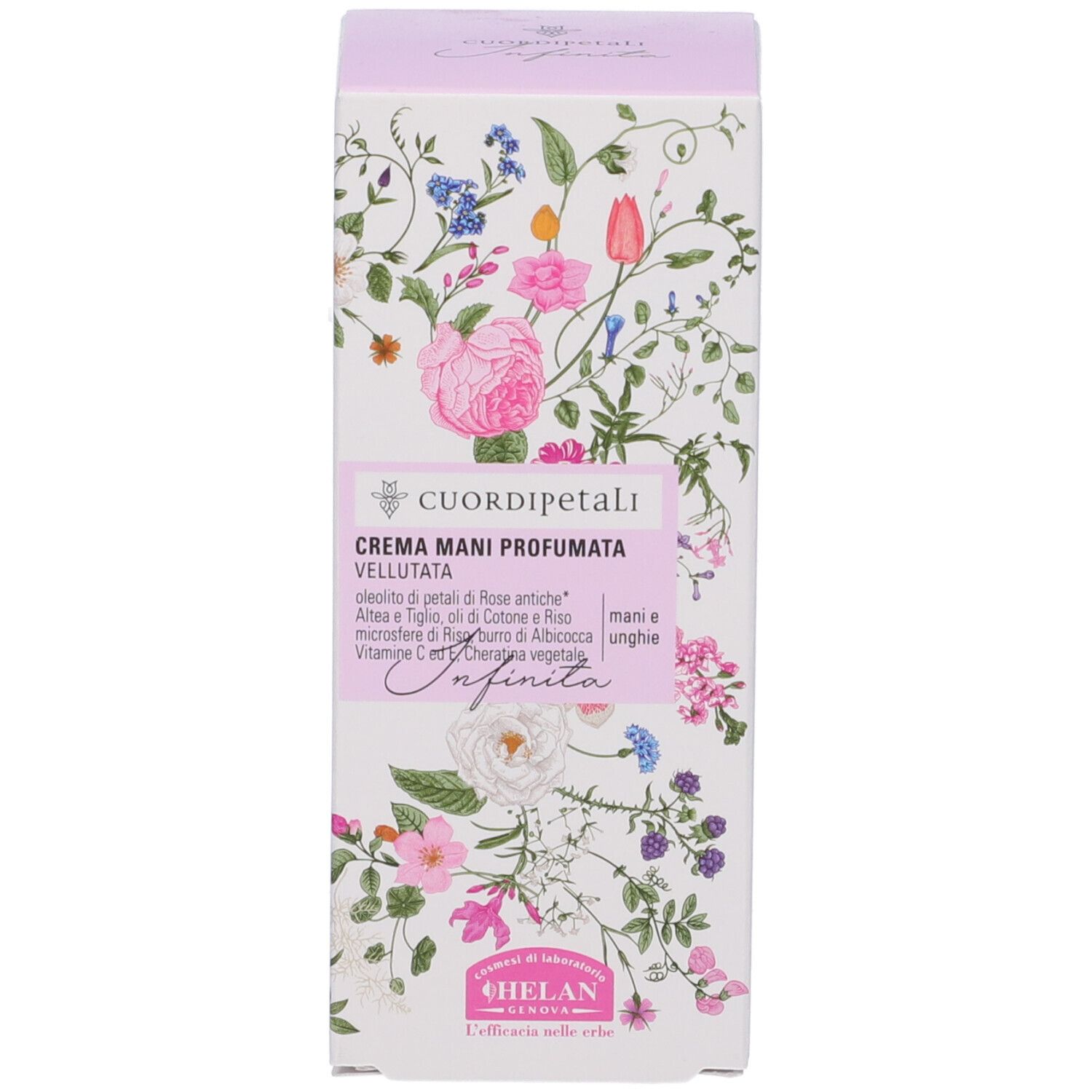 Scatola con design floreale. Testo: Cuor di Petali, Crema Mani Profumata Vellutata, Infinita. Accento rosa.