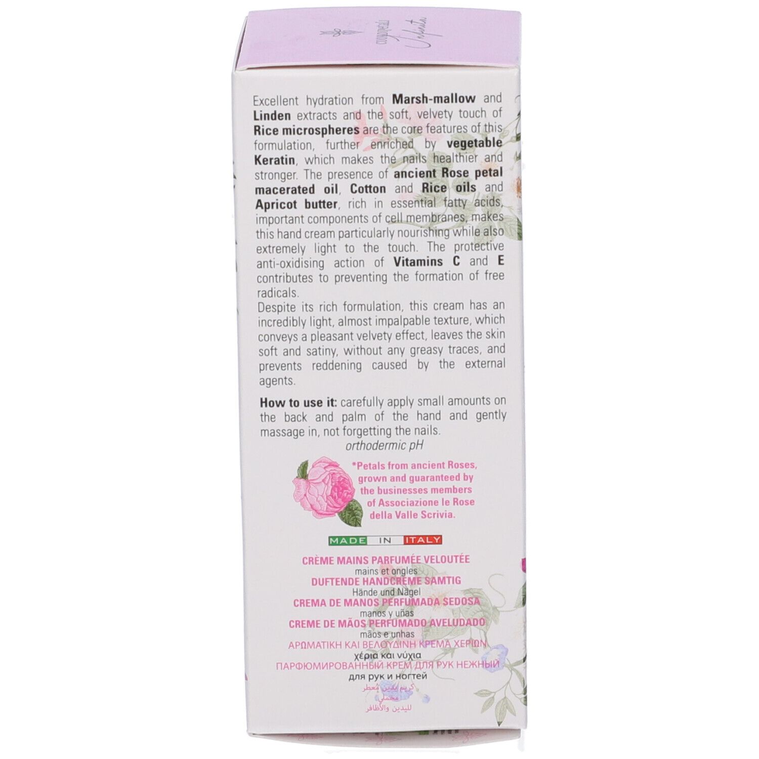 Retro della confezione. Testo: ingredienti, istruzioni per l'uso. Illustrazione rosa rosa. Prodotto in Italia.