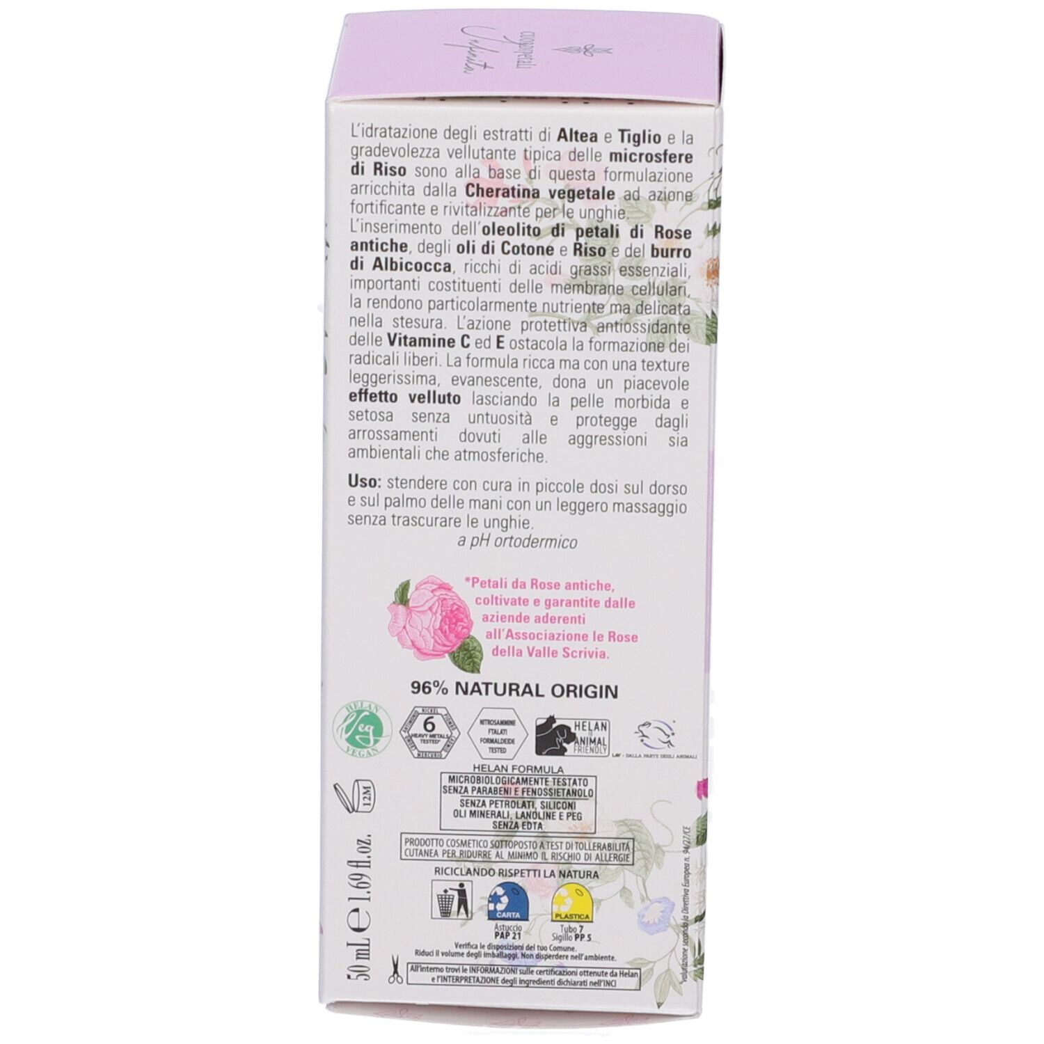 Retro della confezione. Testo: ingredienti, istruzioni per l'uso. Illustrazione rosa rosa. 96% origine naturale.