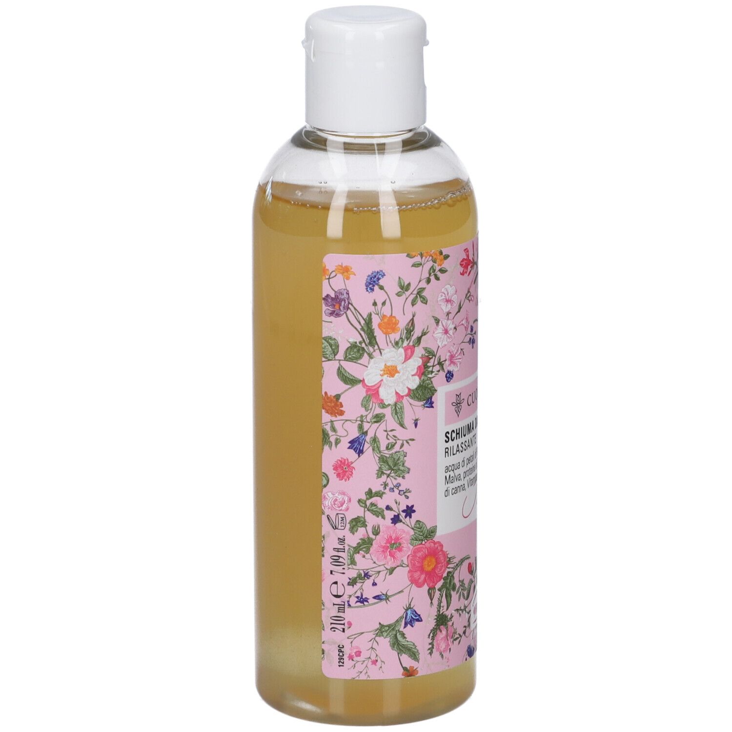 Flacone trasparente con tappo bianco, riempito di liquido giallastro. Etichetta rosa con motivo floreale e informazioni sul prodotto.