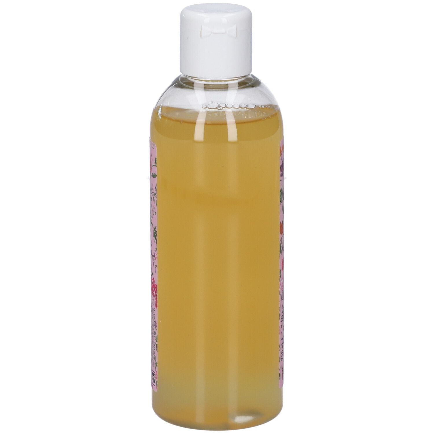 Flacone in plastica trasparente con tappo a scatto bianco, riempito di liquido giallastro. Etichetta rosa con motivo floreale.