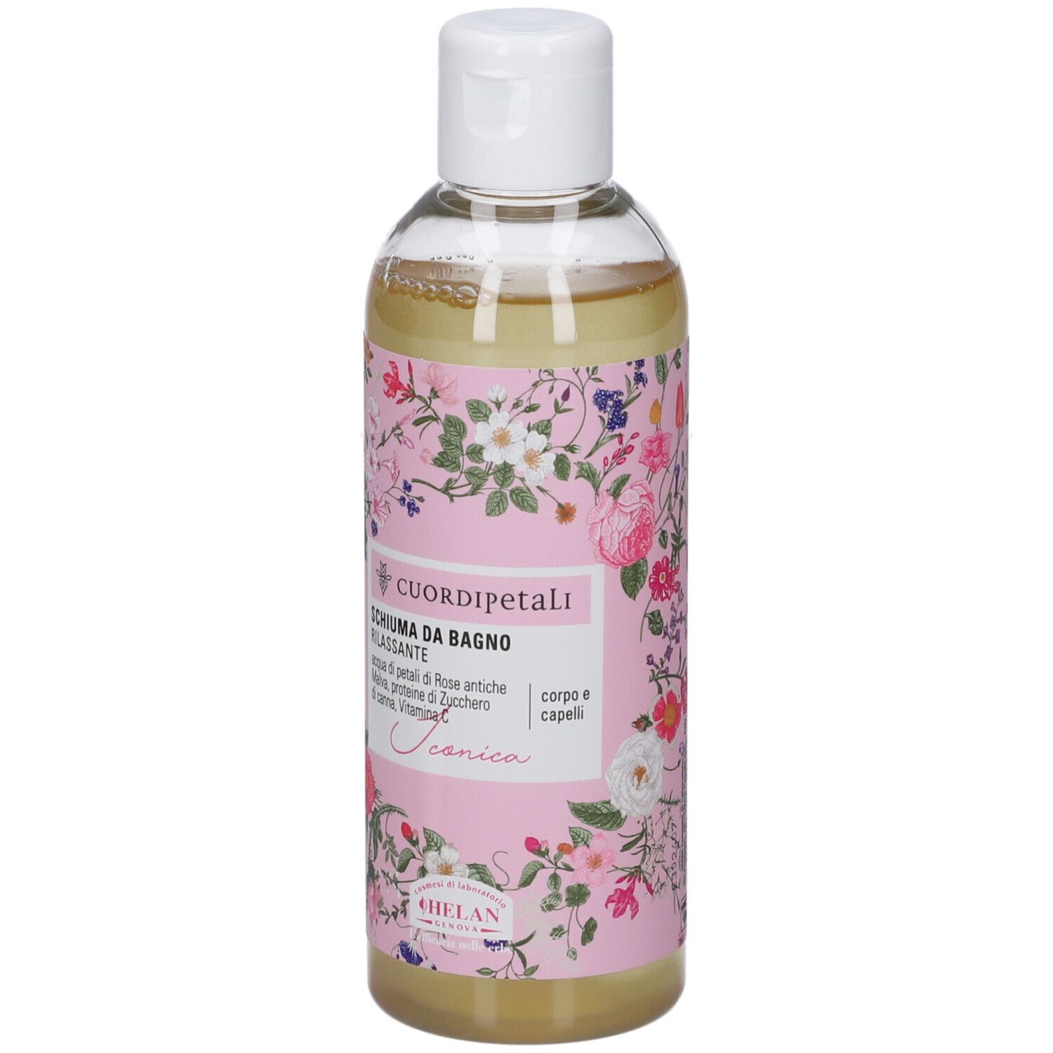 Flacone con etichetta a fiori, contiene bagnoschiuma.