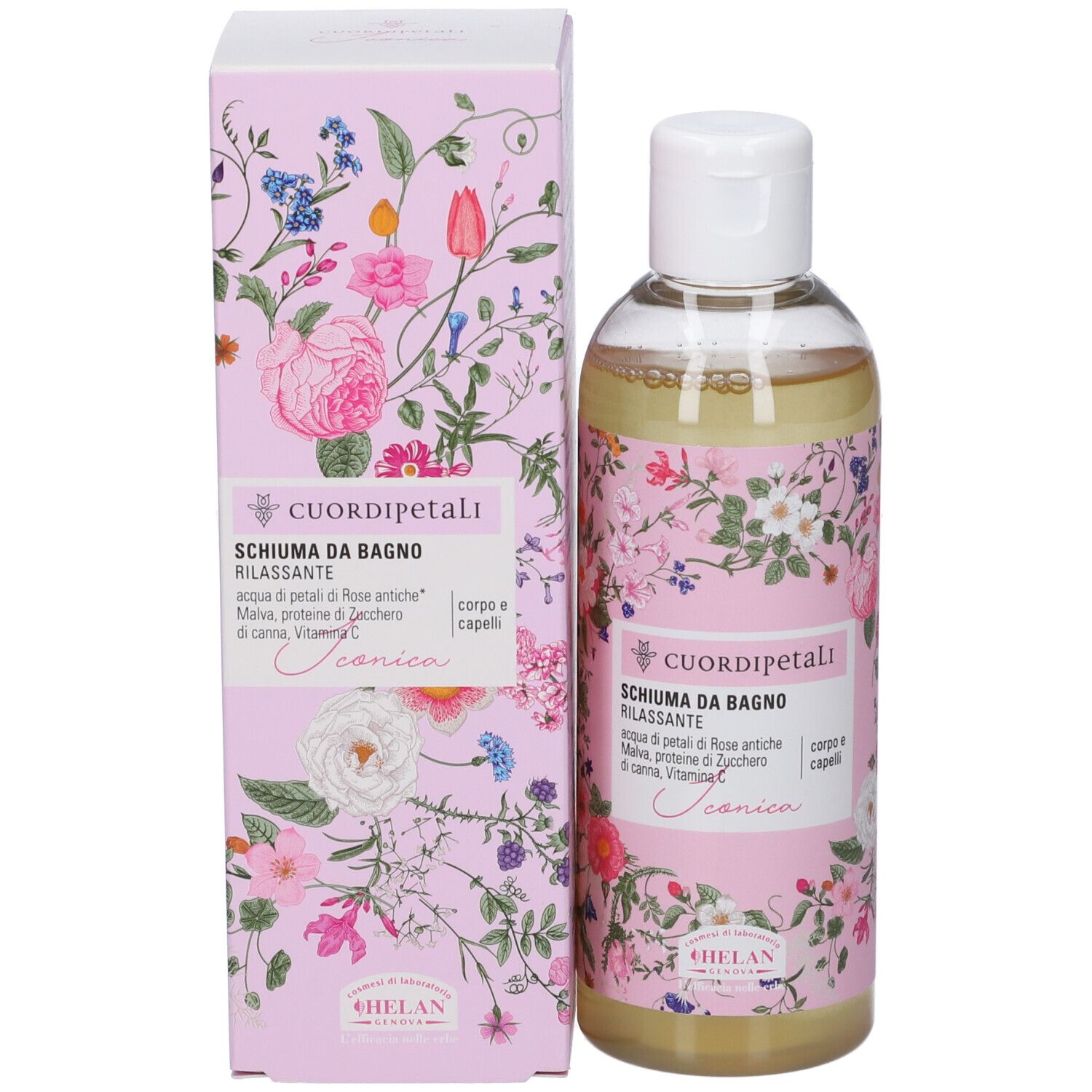 Flacone e scatola con decoro floreale. Schiuma da bagno 'Cuordipetali' di Helan.