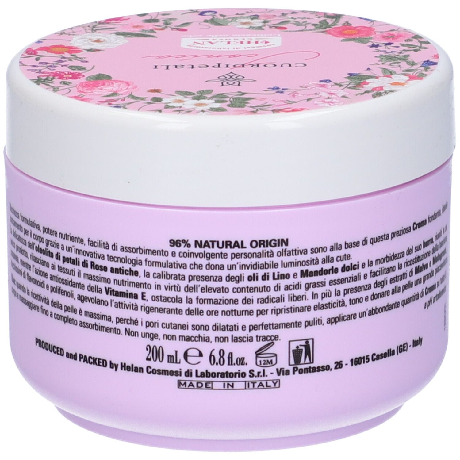 Vaso lilla con coperchio bianco. Scritta: Cuor Di Petali. Testo sul lato. Motivo floreale sul coperchio. 200 ml.