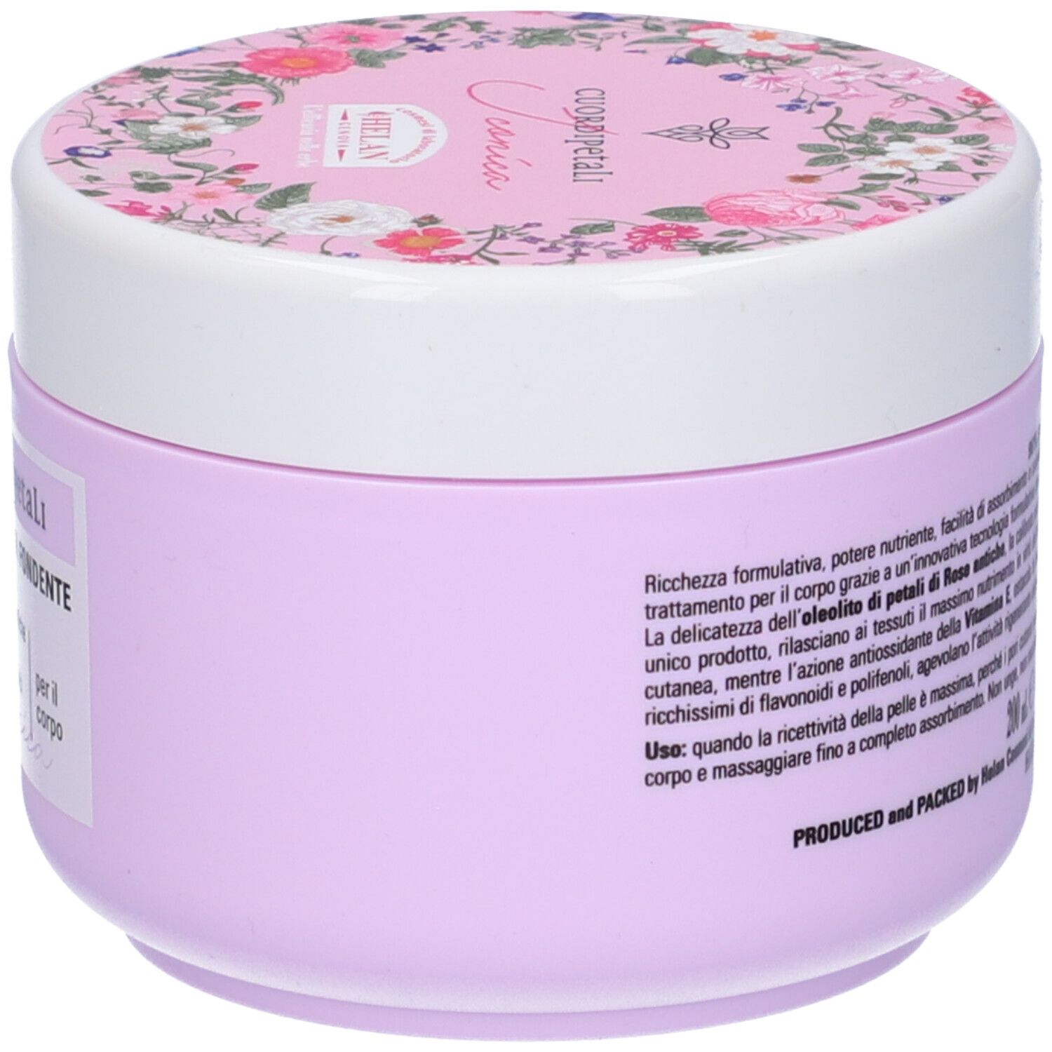 Vaso lilla con coperchio bianco. Scritta: Cuor Di Petali. Testo sul lato. Motivo floreale sul coperchio.