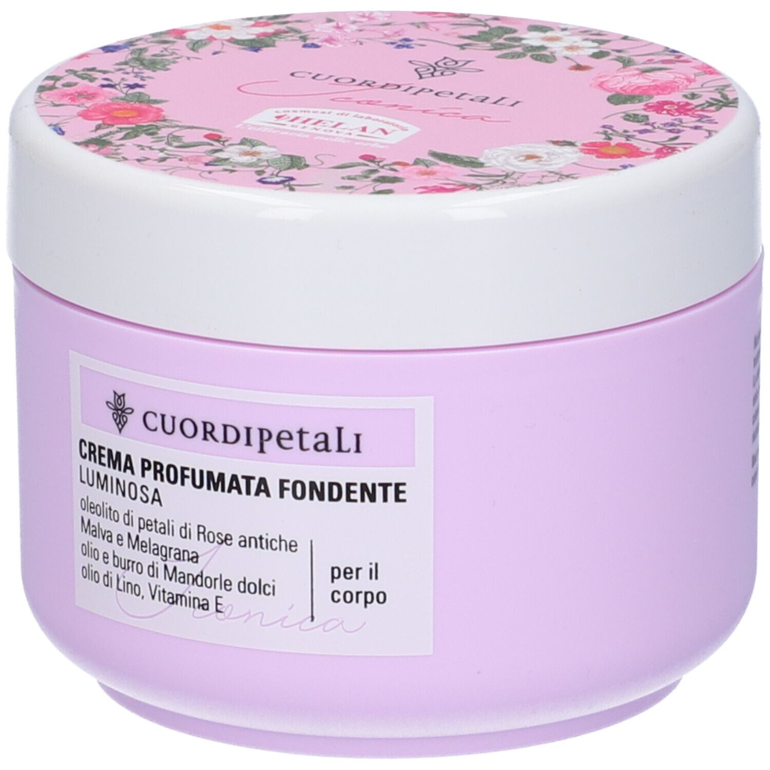 Vaso lilla con coperchio bianco. Scritta: Cuor Di Petali, Crema Profumata Fondente Luminosa. Motivo floreale sul coperchio.