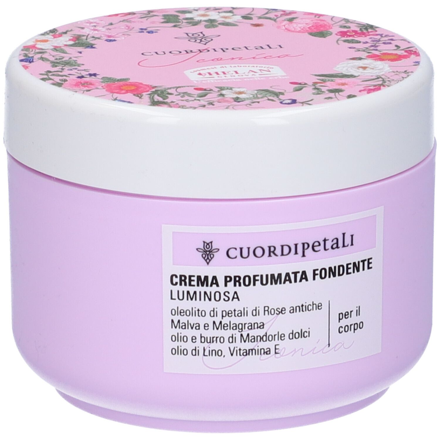 Vaso lilla con coperchio bianco. Scritta: Cuor Di Petali, Crema Profumata Fondente Luminosa. Motivo floreale sul coperchio.