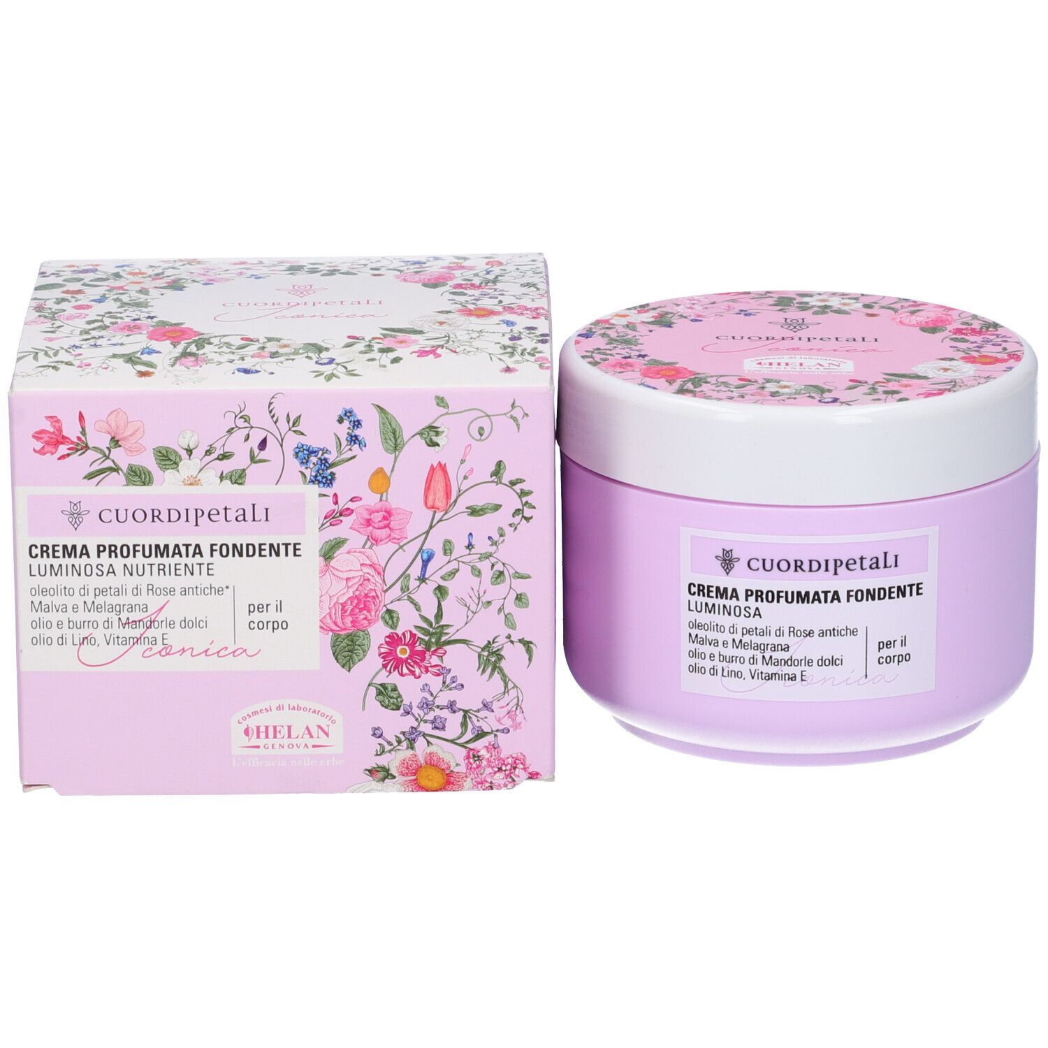 Confezione e vaso del prodotto. Scritta: Cuor Di Petali, Crema Profumata Fondente Luminosa. Motivo floreale sulla confezione.