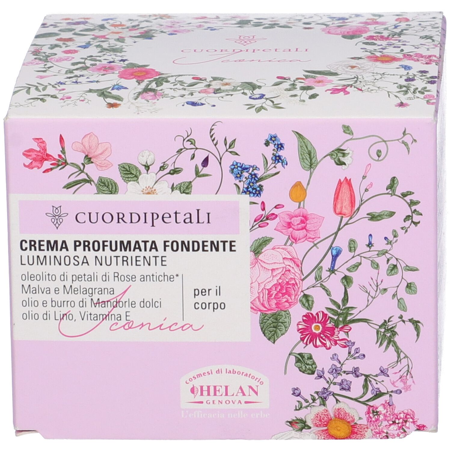 Confezione del prodotto. Scritta: Cuor Di Petali, Crema Profumata Fondente Luminosa. Motivo floreale sulla confezione.