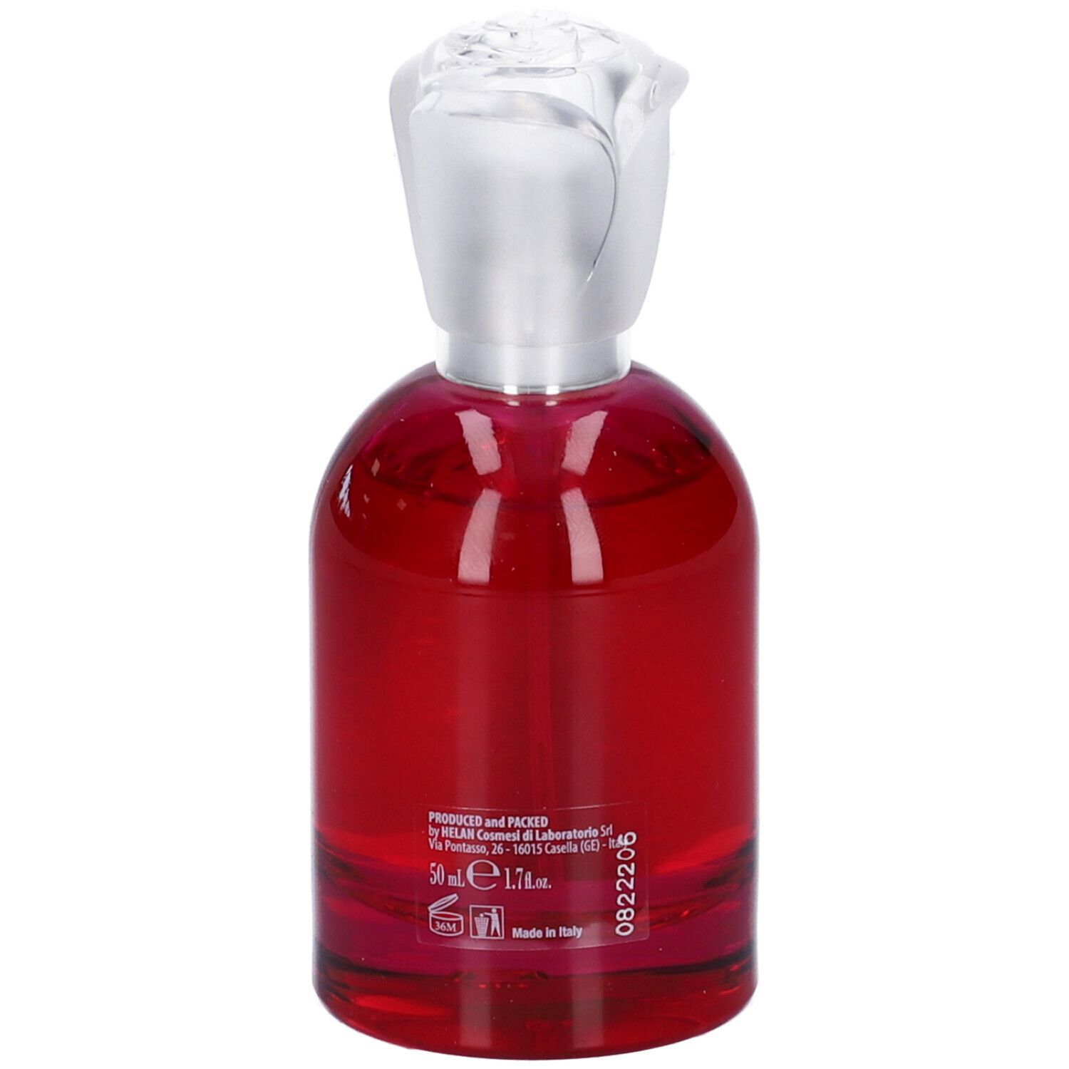 Flacone in vetro rosso con tappo argentato. Retro con testo e informazioni. Eau de Parfum.