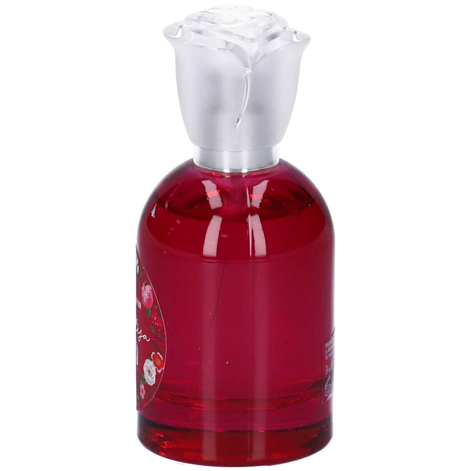 Flacone in vetro rosso con tappo argentato. Etichetta floreale e testo. Eau de Parfum.