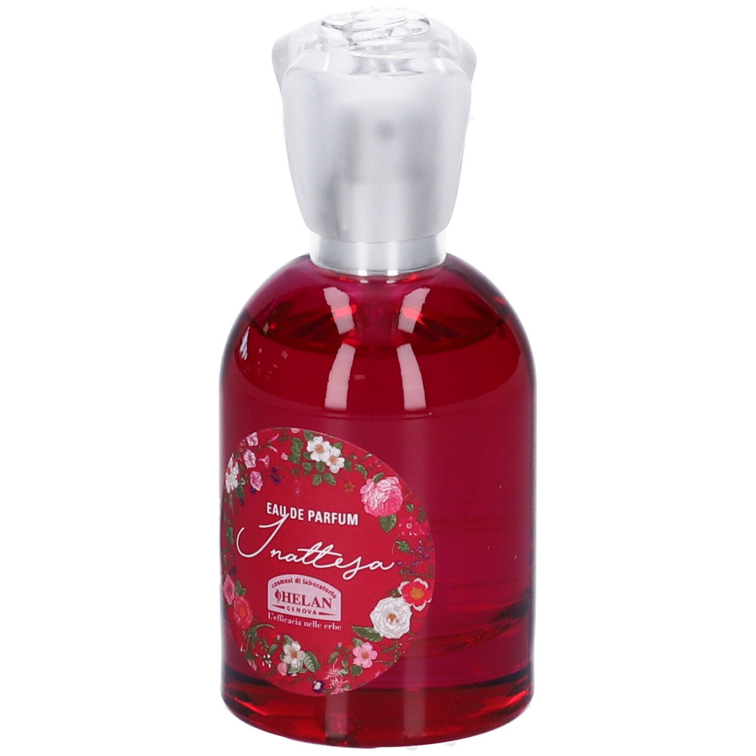 Flacone in vetro rosso con tappo argentato. Etichetta floreale e testo. Eau de Parfum.