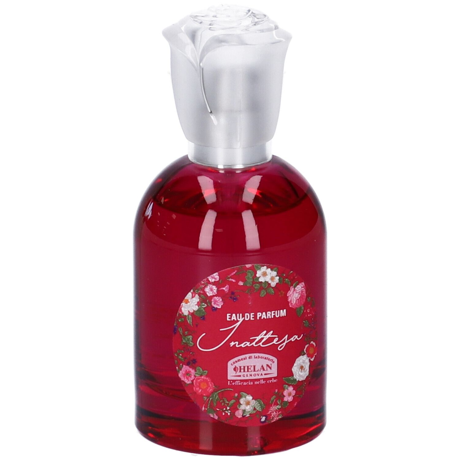 Flacone in vetro rosso con tappo argentato. Etichetta floreale e testo. Eau de Parfum.