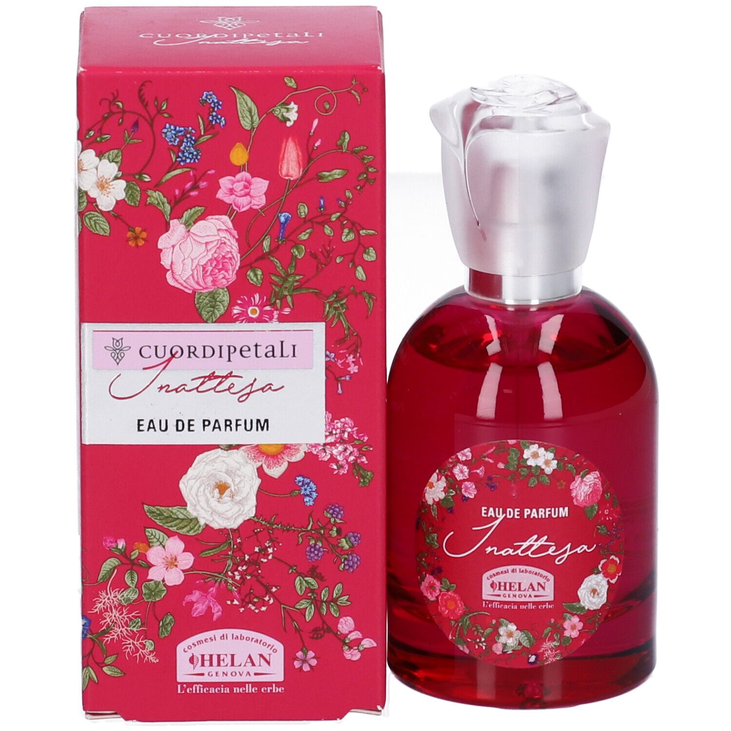 Scatola rossa con design floreale e testo. Flacone con tappo argentato. Eau de Parfum.