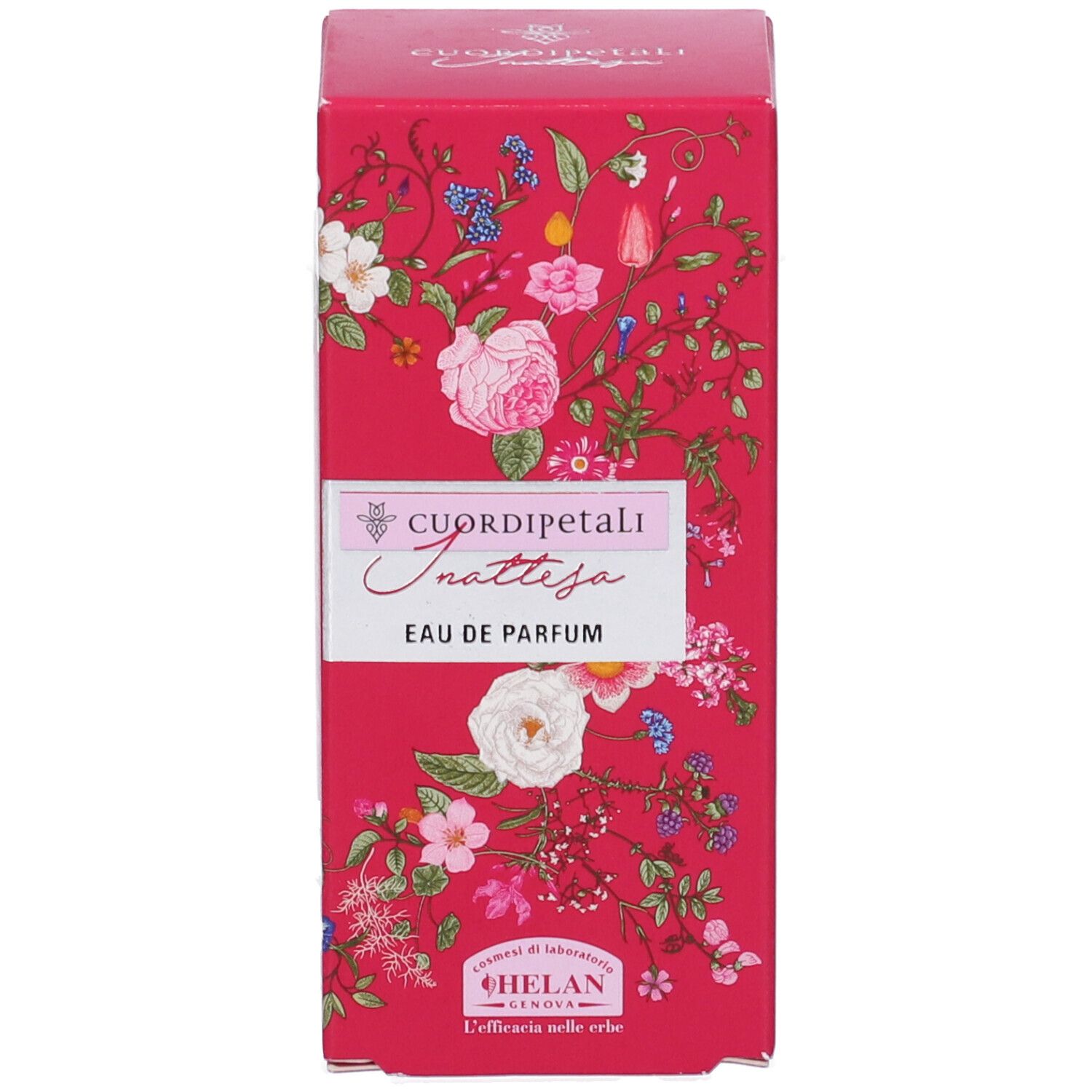 Scatola rossa con design floreale e testo. Nome del prodotto e marchio. Eau de Parfum.