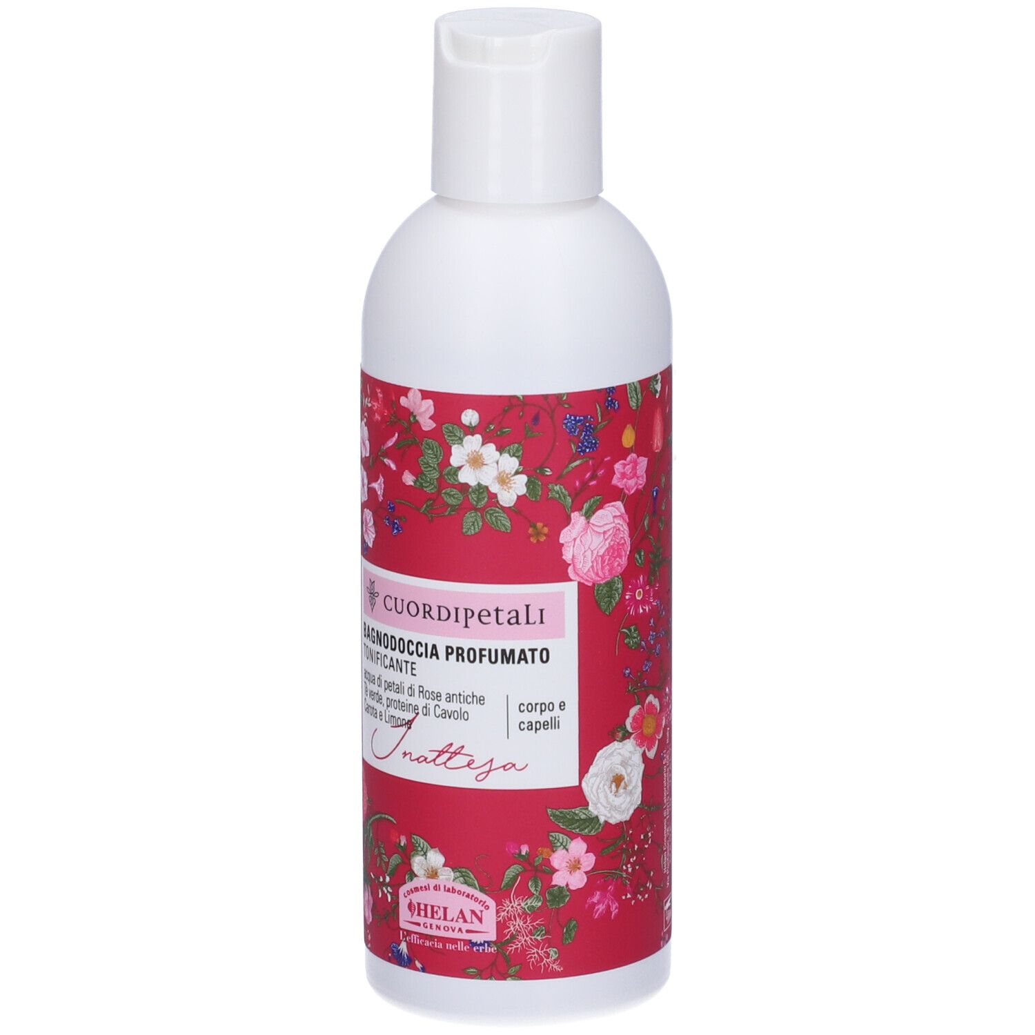 Flacone bianco con etichetta rossa a motivi floreali e nome del prodotto. Marchio Helan.