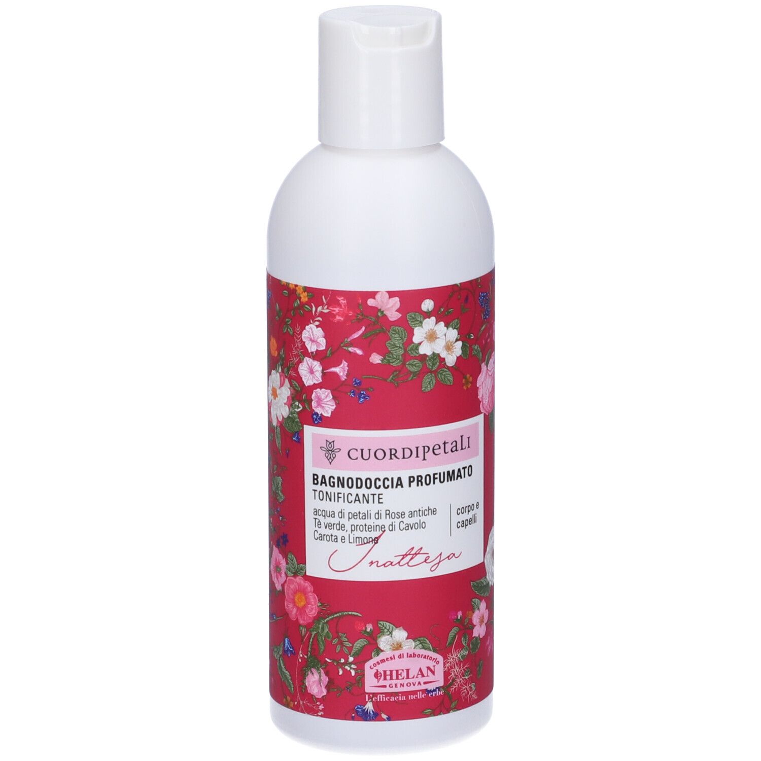 Flacone bianco con etichetta rossa a motivi floreali e nome del prodotto. Marchio Helan.