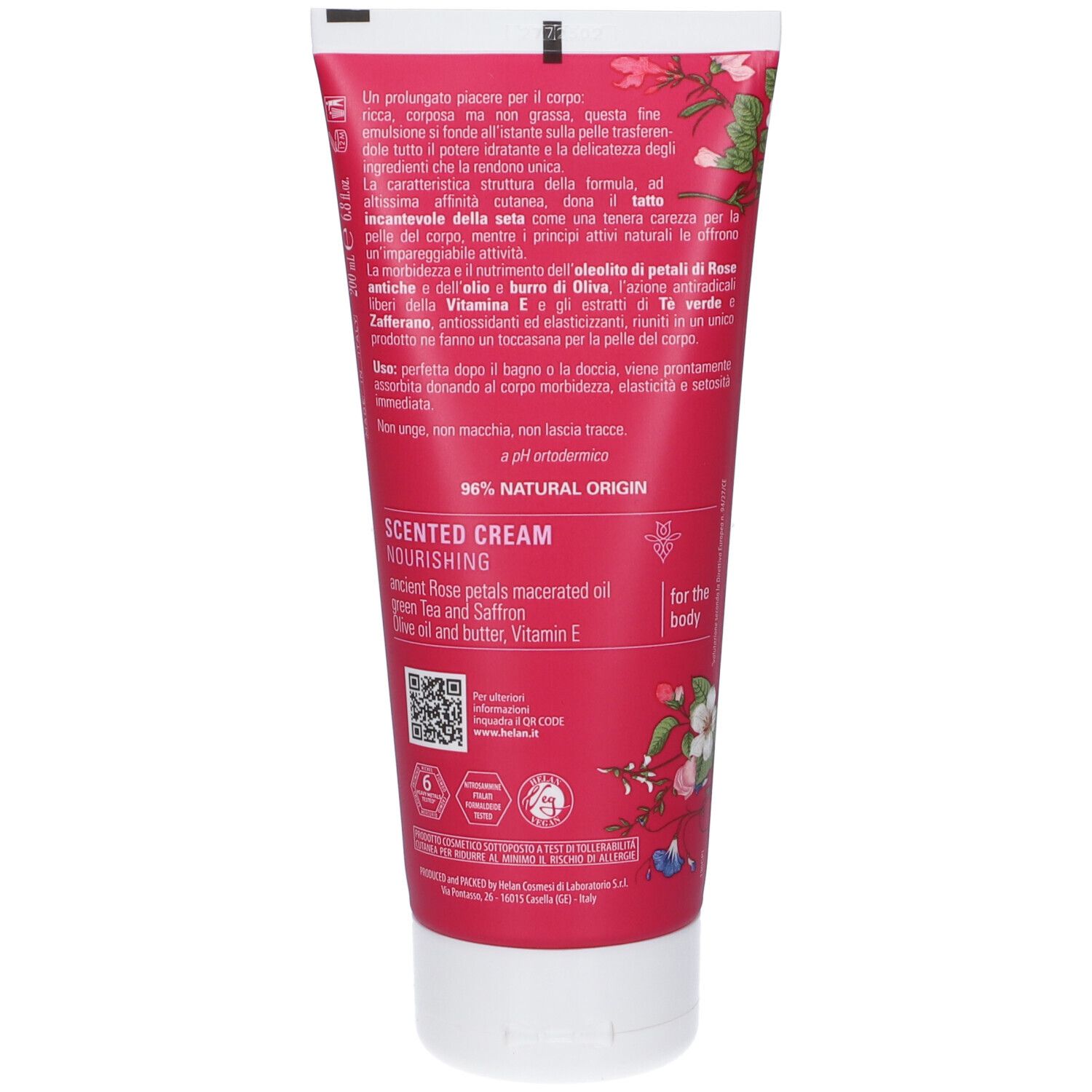 Retro del tubo crema. Testo: Scented Cream, Nourishing. Ingredienti. 96% Natural Origin.