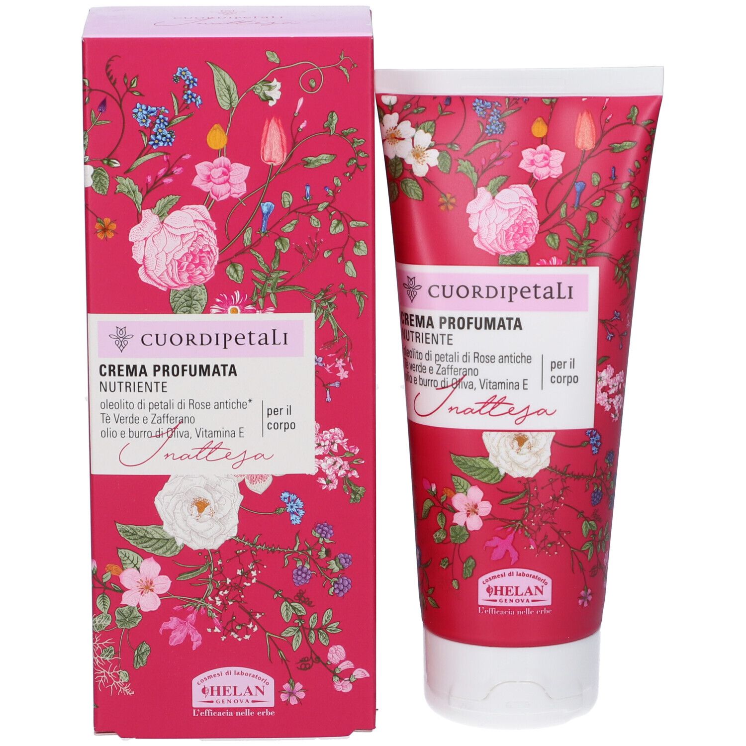 Tubo crema e scatola con design floreale. Testo: CREMA PROFUMATA NUTRIENTE, Inattesa. Marchio: HELAN.
