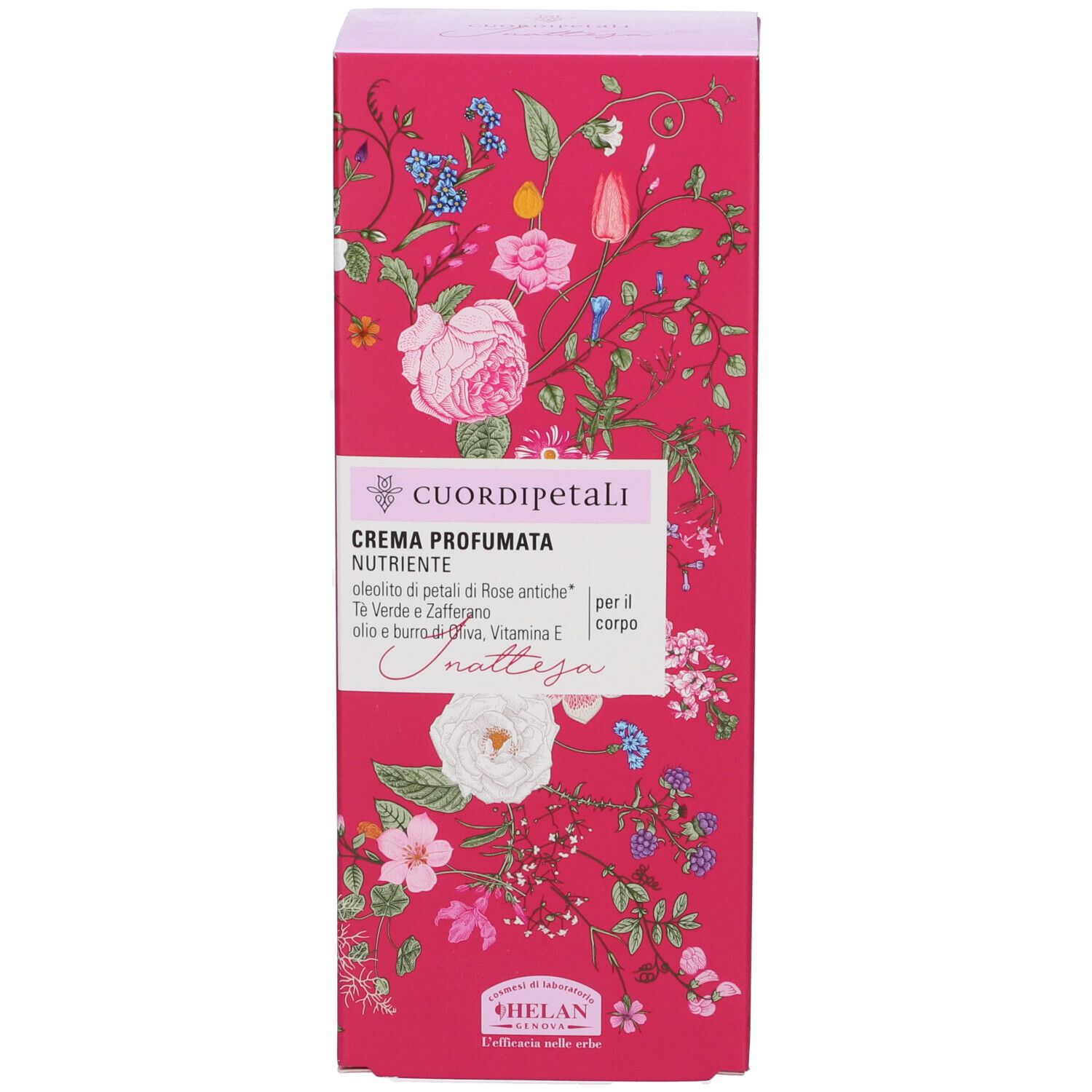 Scatola con design floreale. Testo: CREMA PROFUMATA NUTRIENTE, Inattesa. Marchio: HELAN.