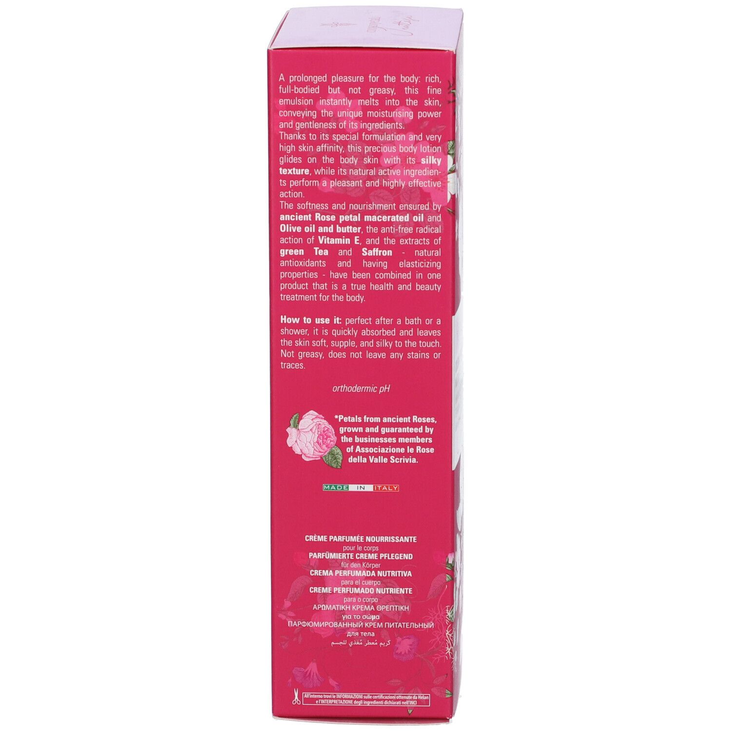 Lato della scatola. Testo: Scented Cream, Nourishing. Ingredienti. Made in Italy.