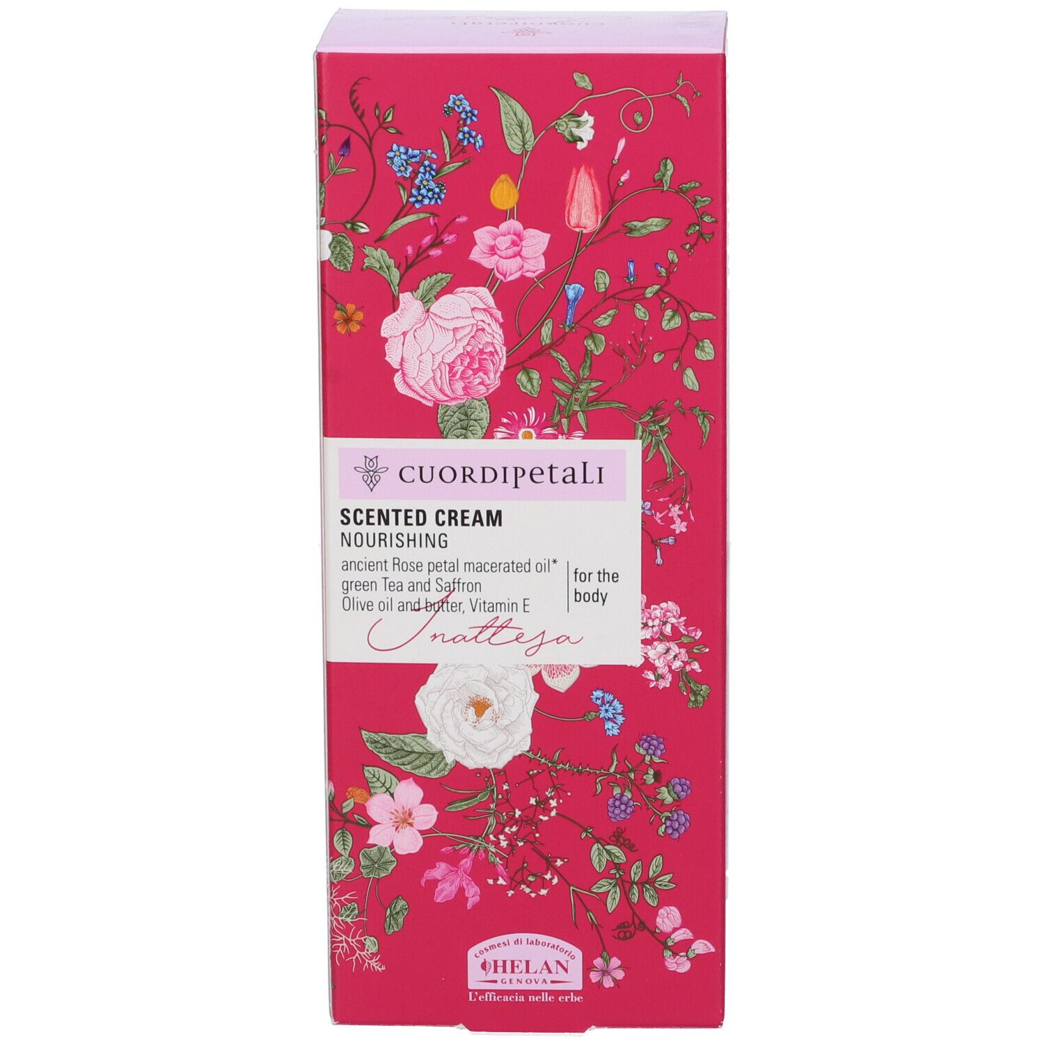 Lato della scatola. Testo: Scented Cream, Nourishing. Ingredienti. Marchio: HELAN.
