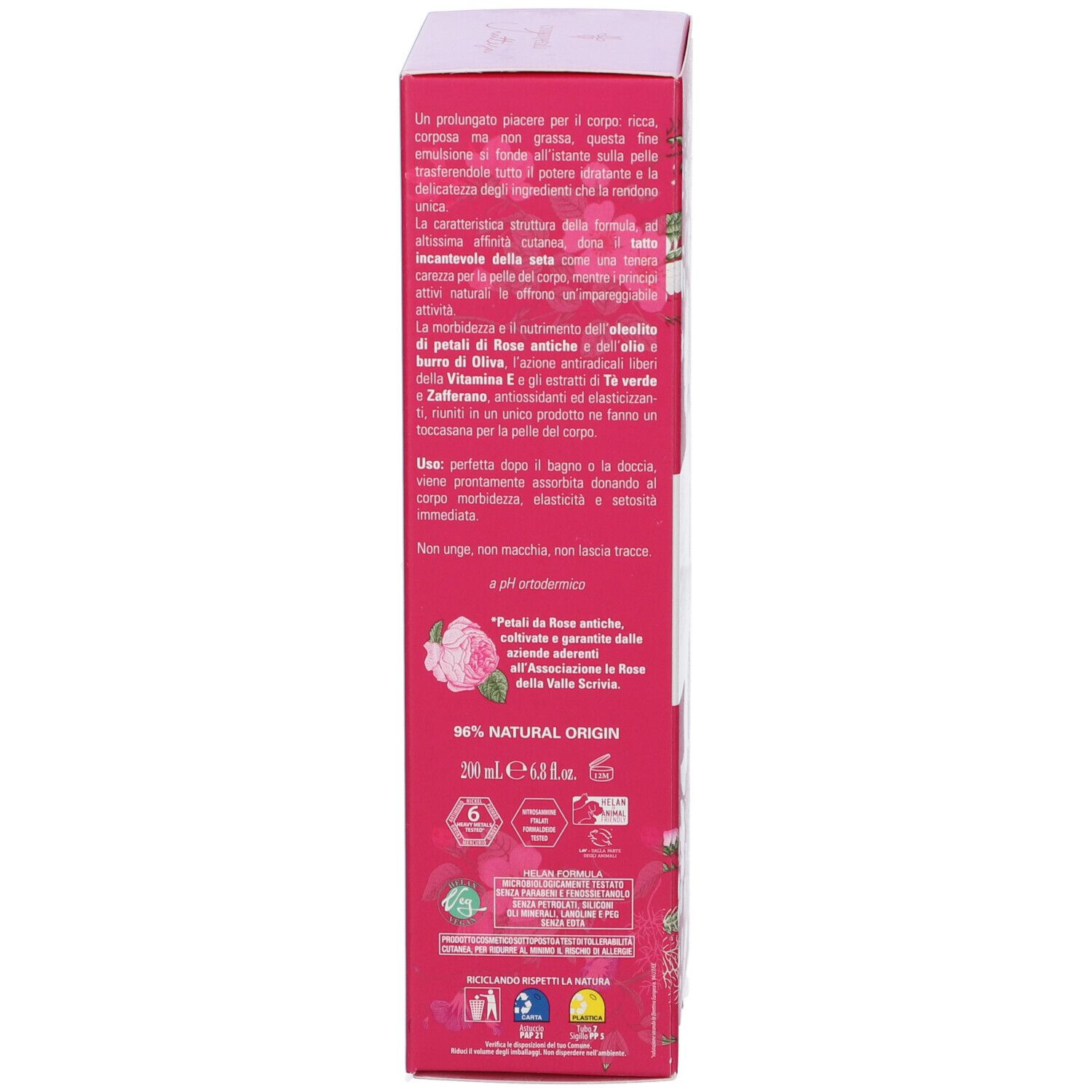Lato della scatola. Testo: Ingredienti, uso. 96% Natural Origin. 200 ml.