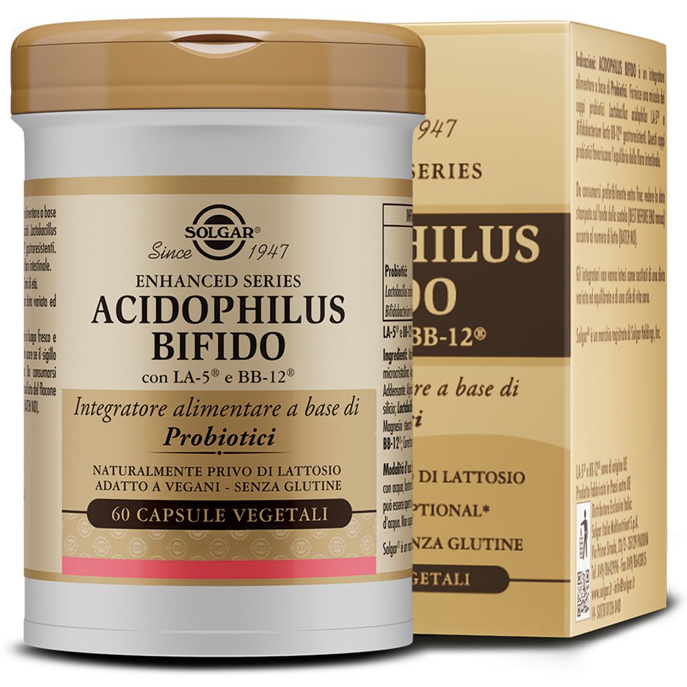 Confezione e flacone Solgar Acidophilus Bifido. Scritta: Acidophilus Bifido, 60 capsule. Con LA-5 e BB-12.