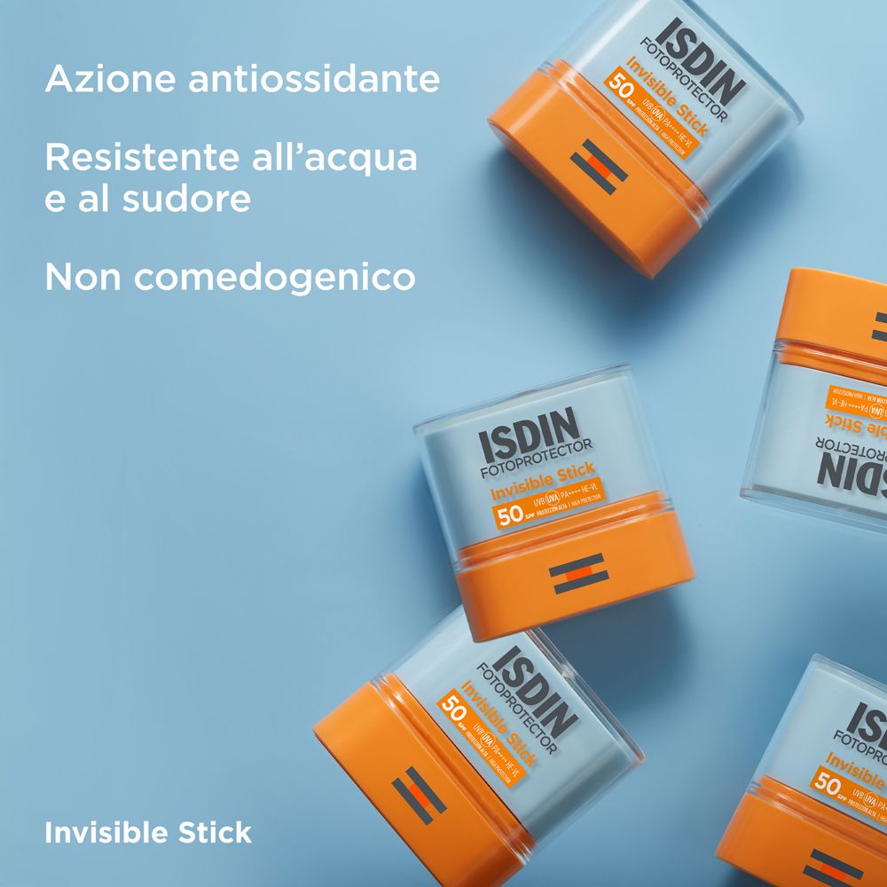 Diversi ISDIN Fotoprotector Invisible Sticks SPF50. Testo: Azione antiossidante, resistente all'acqua e al sudore, non comedogenico.