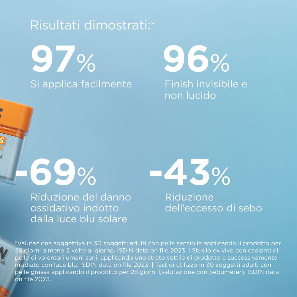 Testo con percentuali. Risultati: 97% facile applicazione, 96% finish invisibile, -69% danni ossidativi, -43% riduzione sebo.