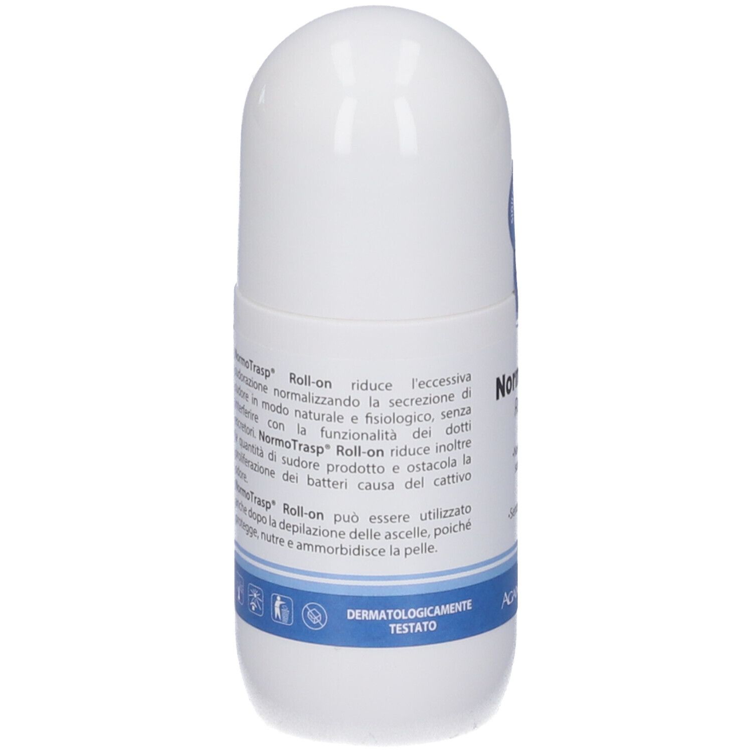 Flacone roll-on bianco con testo. Testo: NormoTrasp Roll-on riduce l'eccessiva sudorazione. Dermatologicamente testato.