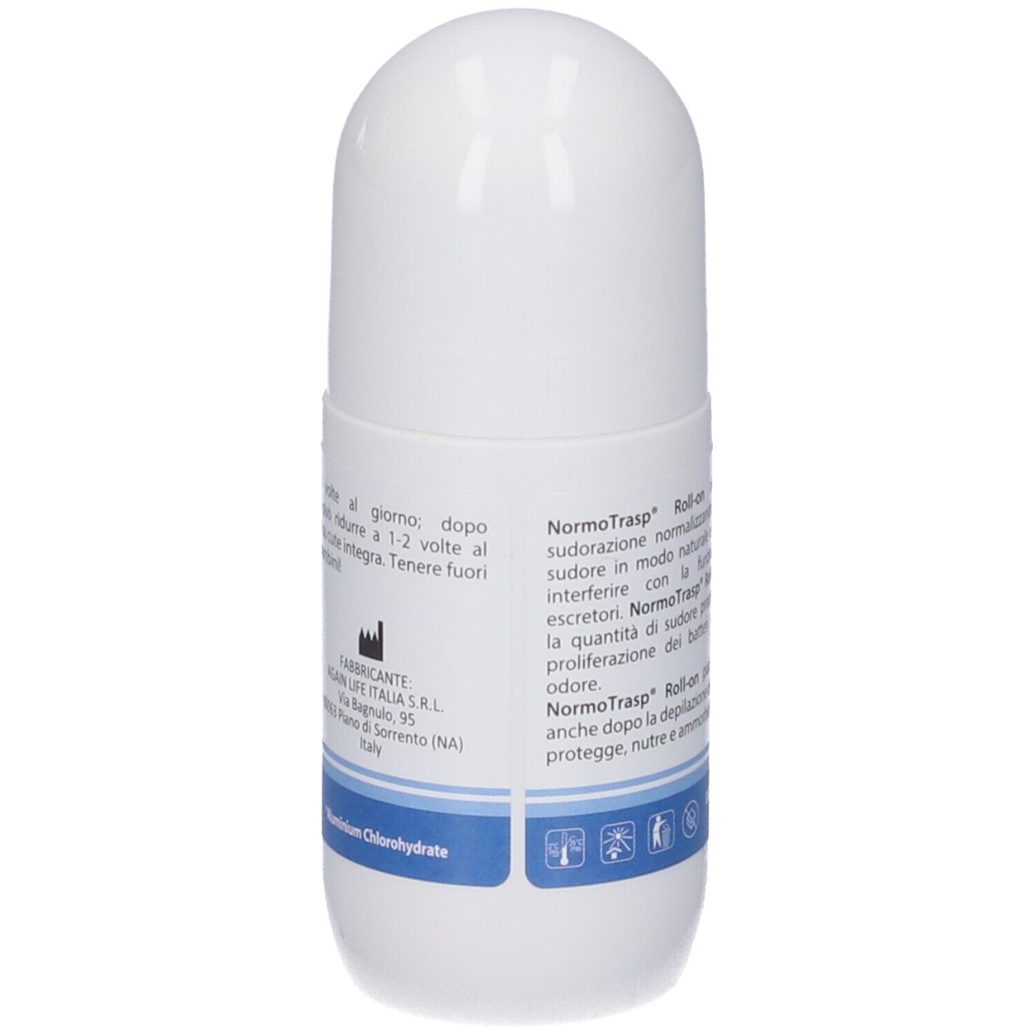 Flacone roll-on bianco con testo. Testo: NormoTrasp Roll-on normalizza la sudorazione. Informazioni produttore.