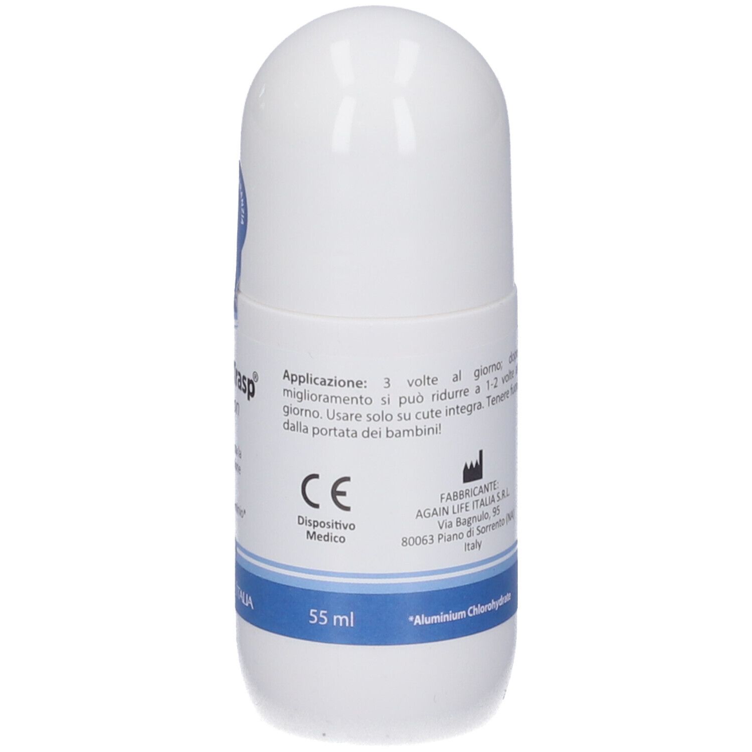 Flacone roll-on bianco con testo. Testo: Applicazione: 3 volte al giorno. Marchio CE. 55 ml. Cloridrato di alluminio.