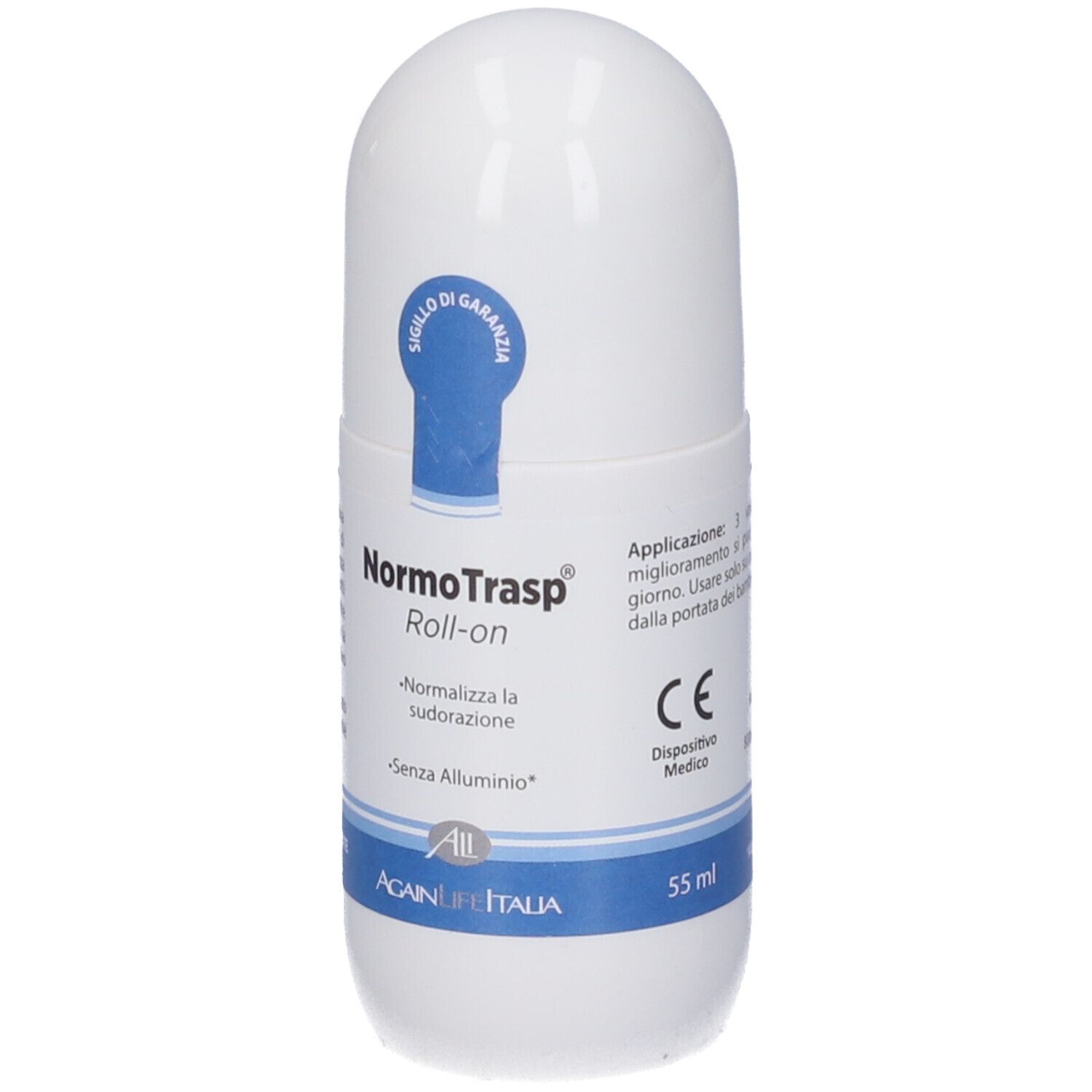 Flacone roll-on bianco con etichetta blu. Nome prodotto: NormoTrasp Roll-on. Testo: Normalizza la sudorazione. Senza alluminio.