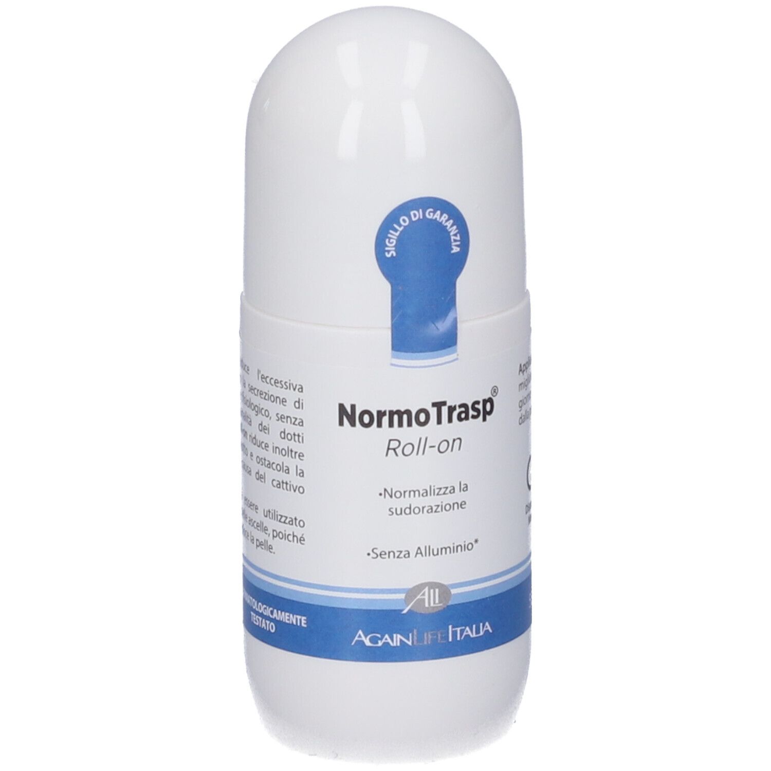 Flacone roll-on bianco con etichetta blu. Nome prodotto: NormoTrasp Roll-on. Testo: Normalizza la sudorazione. Senza alluminio.