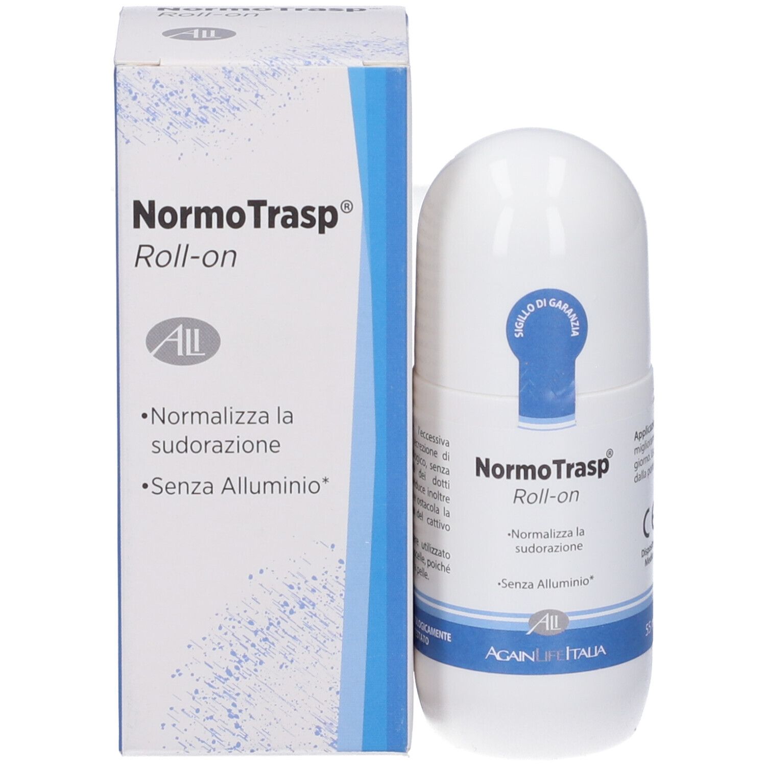 Prodotto e confezione. Prodotto: Roll-on bianco. Confezione: Scatola bianca con nome prodotto: NormoTrasp Roll-on. Testo: Senza alluminio.