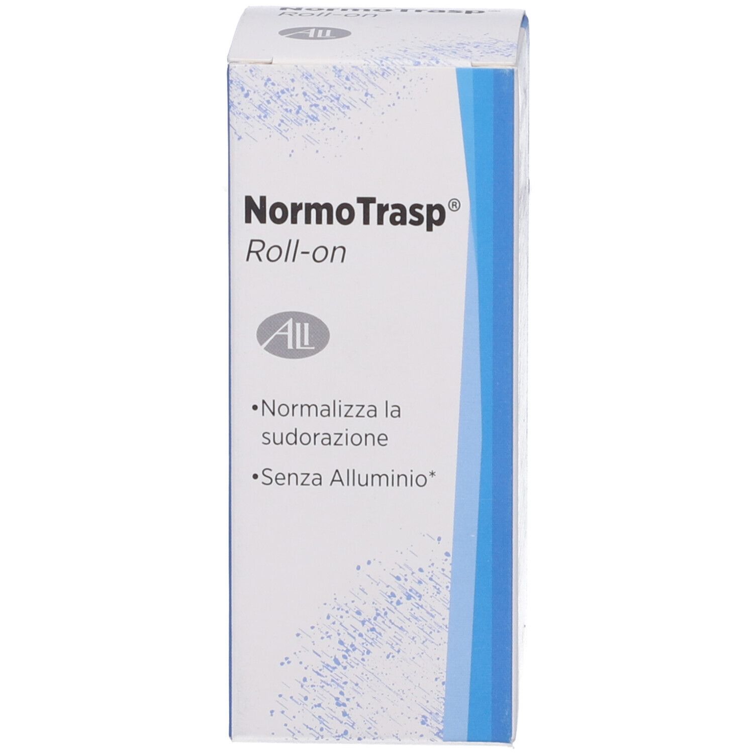 Confezione prodotto bianca. Nome prodotto: NormoTrasp Roll-on. Testo: Normalizza la sudorazione. Senza alluminio.